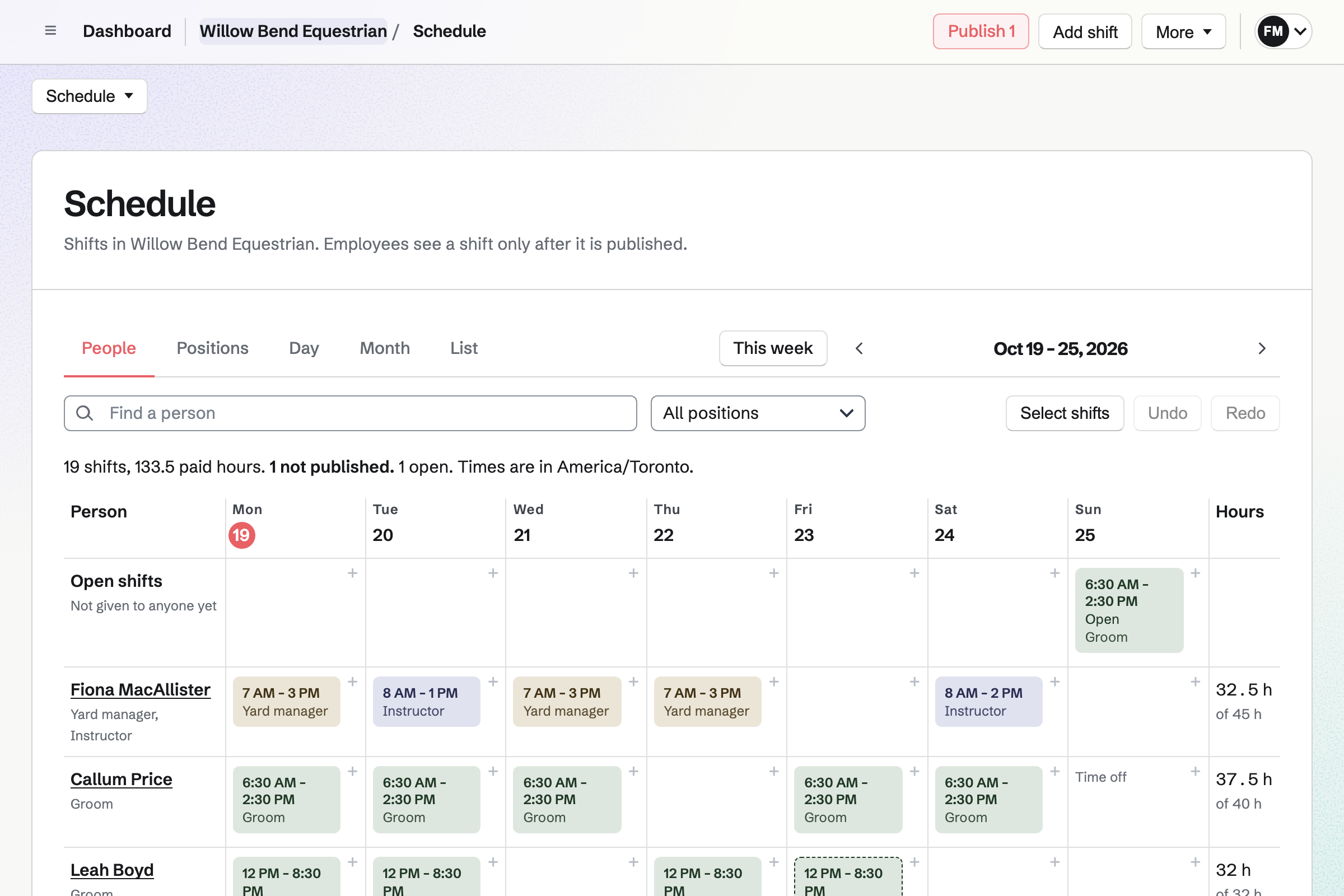 Willow Bend Equestrian’s week in Staff Scheduling by person: an open Sunday groom shift, then grooms, instructors and the yard manager with their shifts by day and their weekly hours.