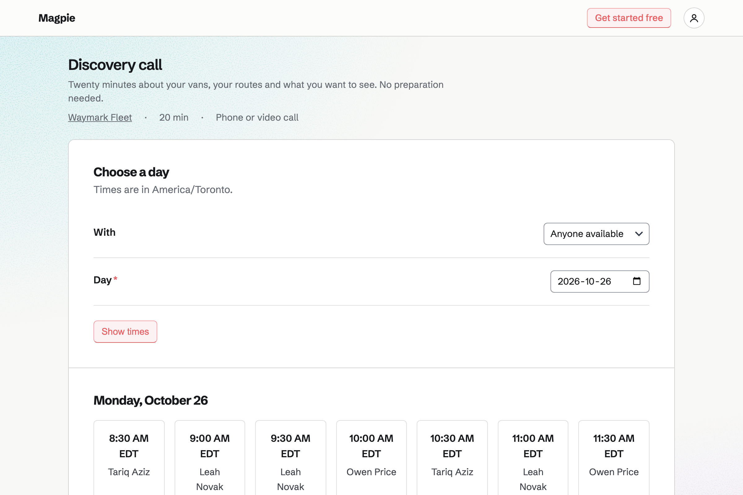 Waymark Fleet’s booking page for a 20-minute discovery call, with Anyone available chosen and the next working day’s free times, each with the rep it is with.