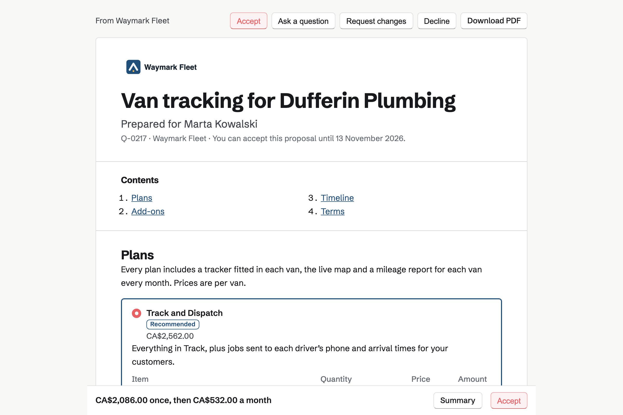 Waymark Fleet’s quote for tracking Dufferin Plumbing’s 14 vans, as the buyer sees it: the cover, the list of contents, the recommended Track and Dispatch plan chosen, and the total in a bar at the foot of the screen.