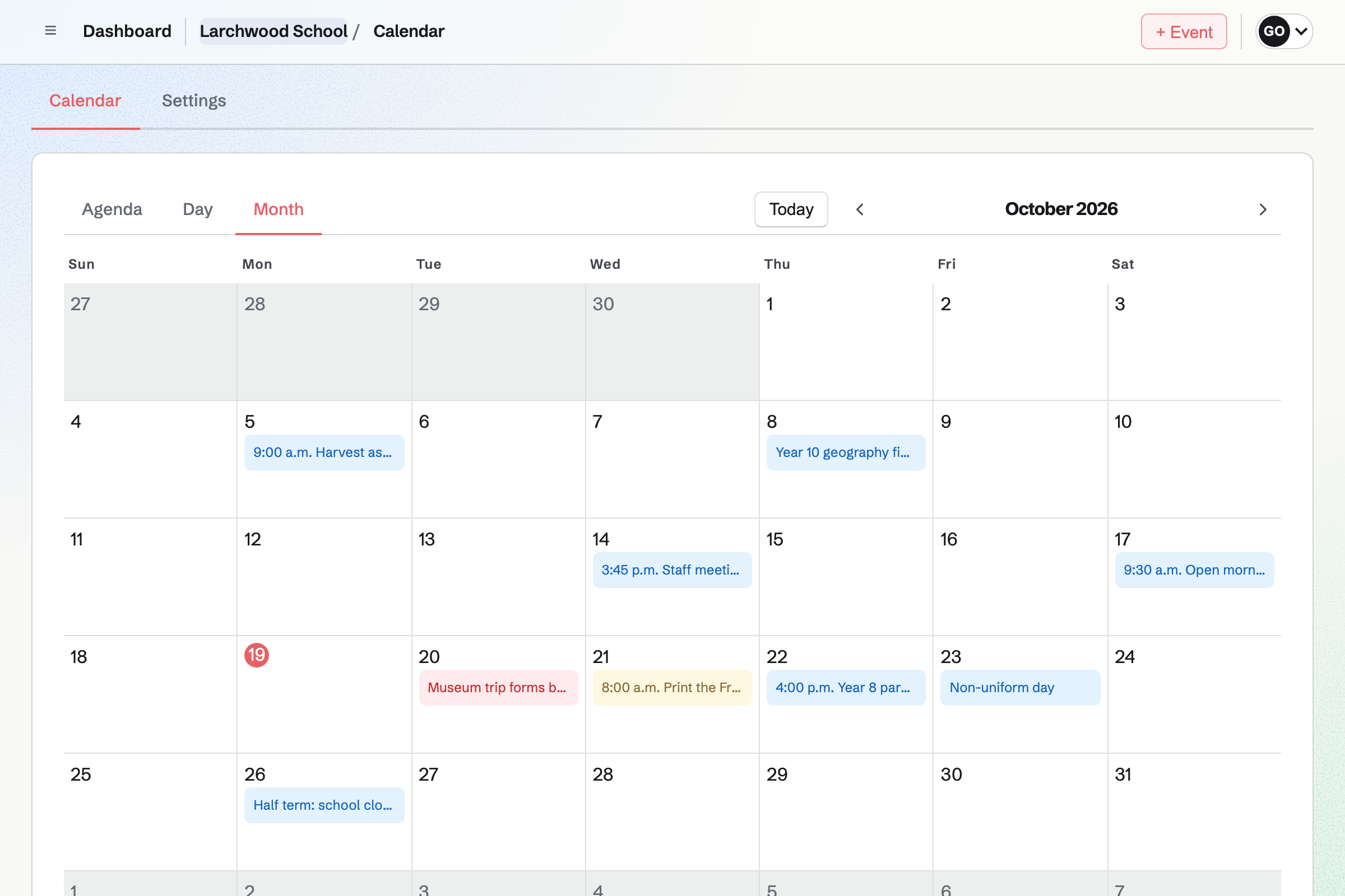 Larchwood School’s Calendar for October: the harvest assembly, a field trip, a staff meeting, the open morning, the trip form deadline, the Year 8 parents’ evening, a non-uniform day and half term.