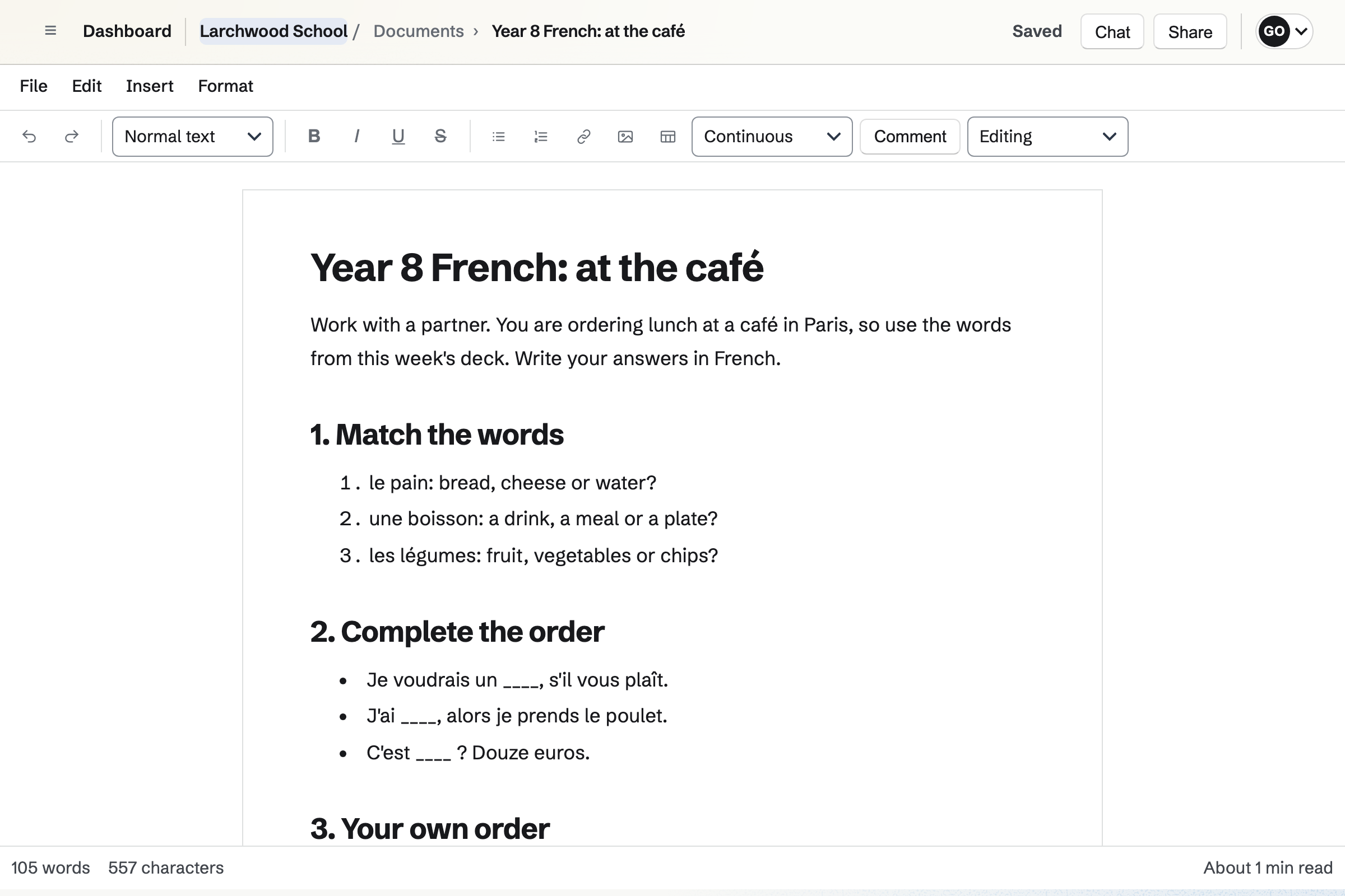 A Year 8 French worksheet open in Documents: the instructions, words to match and sentences to complete for ordering at a café.