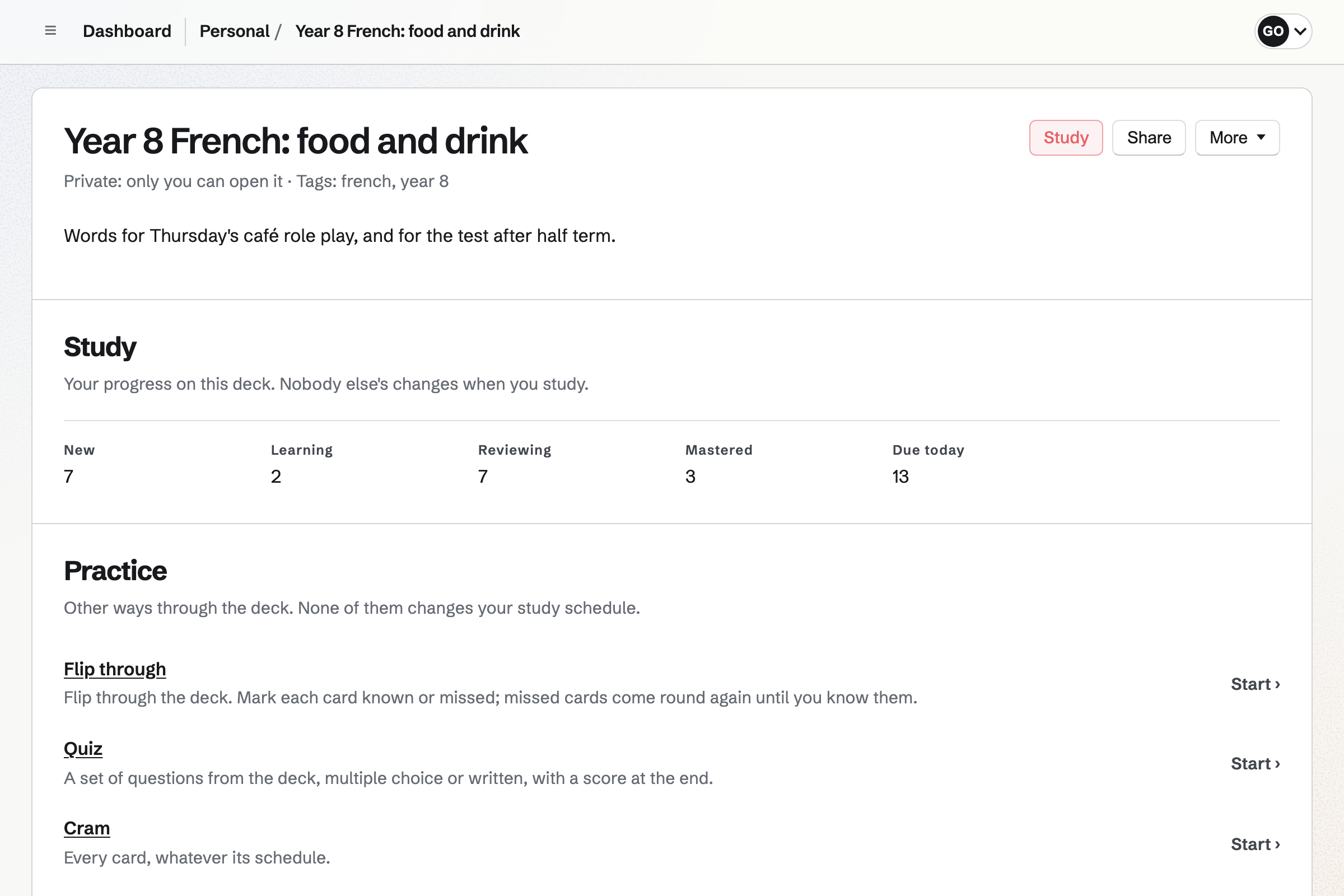 A Year 8 French deck in Flashcards: its description, the teacher’s own study progress, and the ways to practise it: flip through, a quiz or cram.