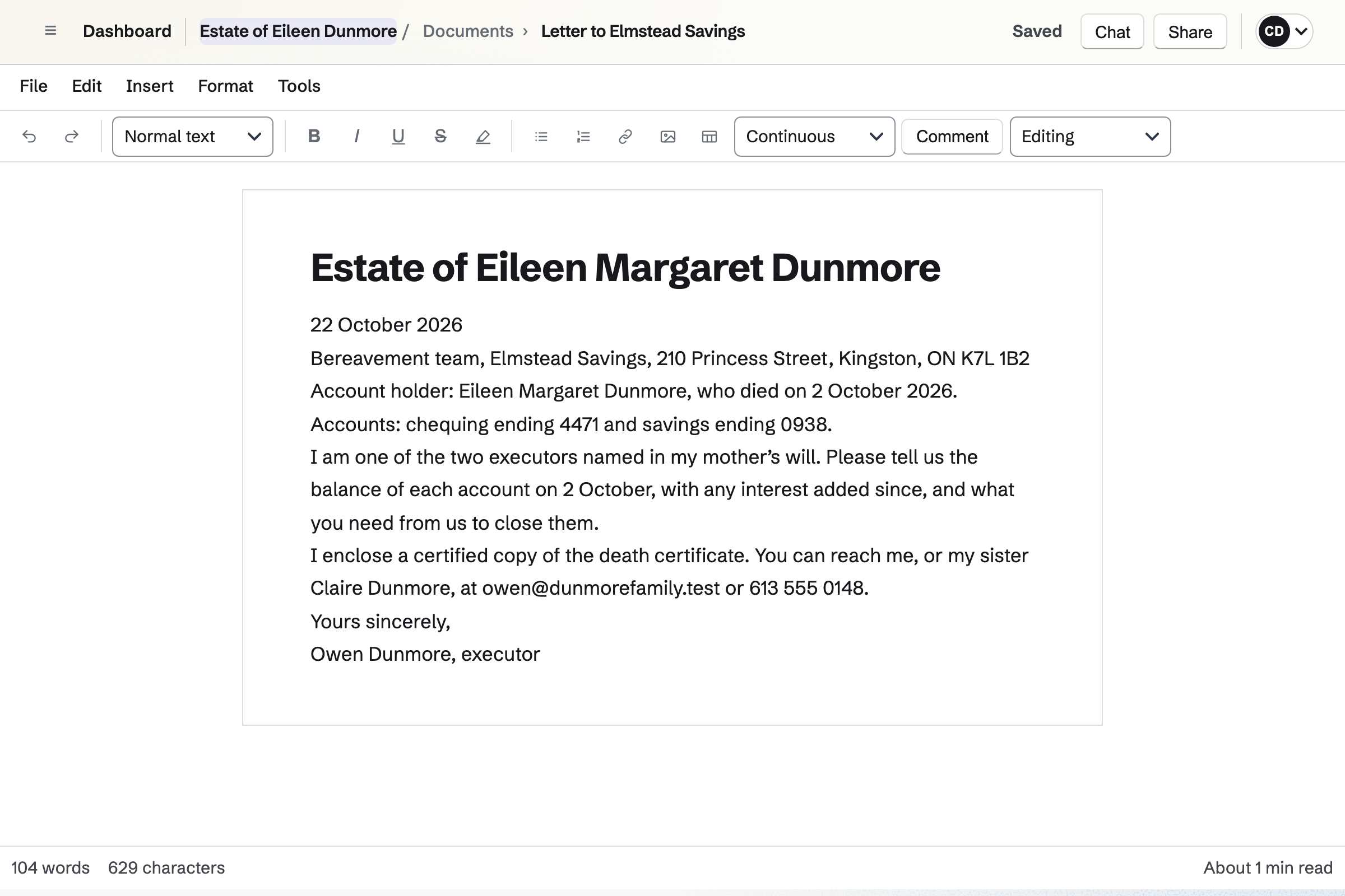 A letter to Elmstead Savings’ bereavement team open in Documents, in the Estate of Eileen Dunmore team: the account holder, the two accounts, and the balances the executors ask for.