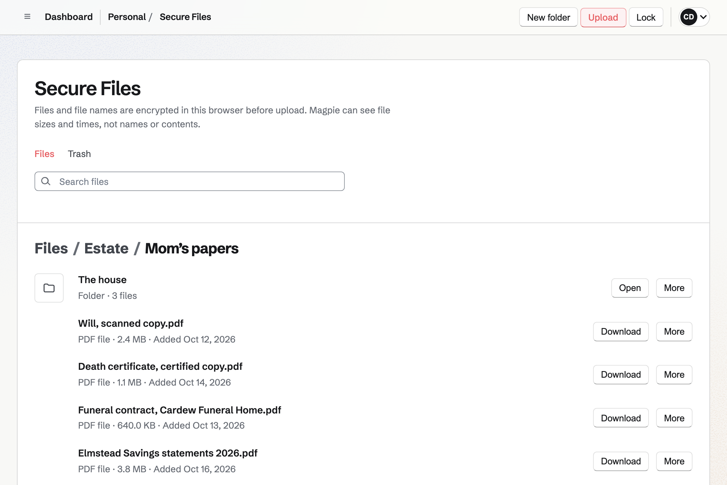 Claire’s Secure Files open on the Mom’s papers folder: the house folder, then scans of the will, the death certificate, the funeral contract, bank statements, the pension letter and the last tax return, each with its size and date.