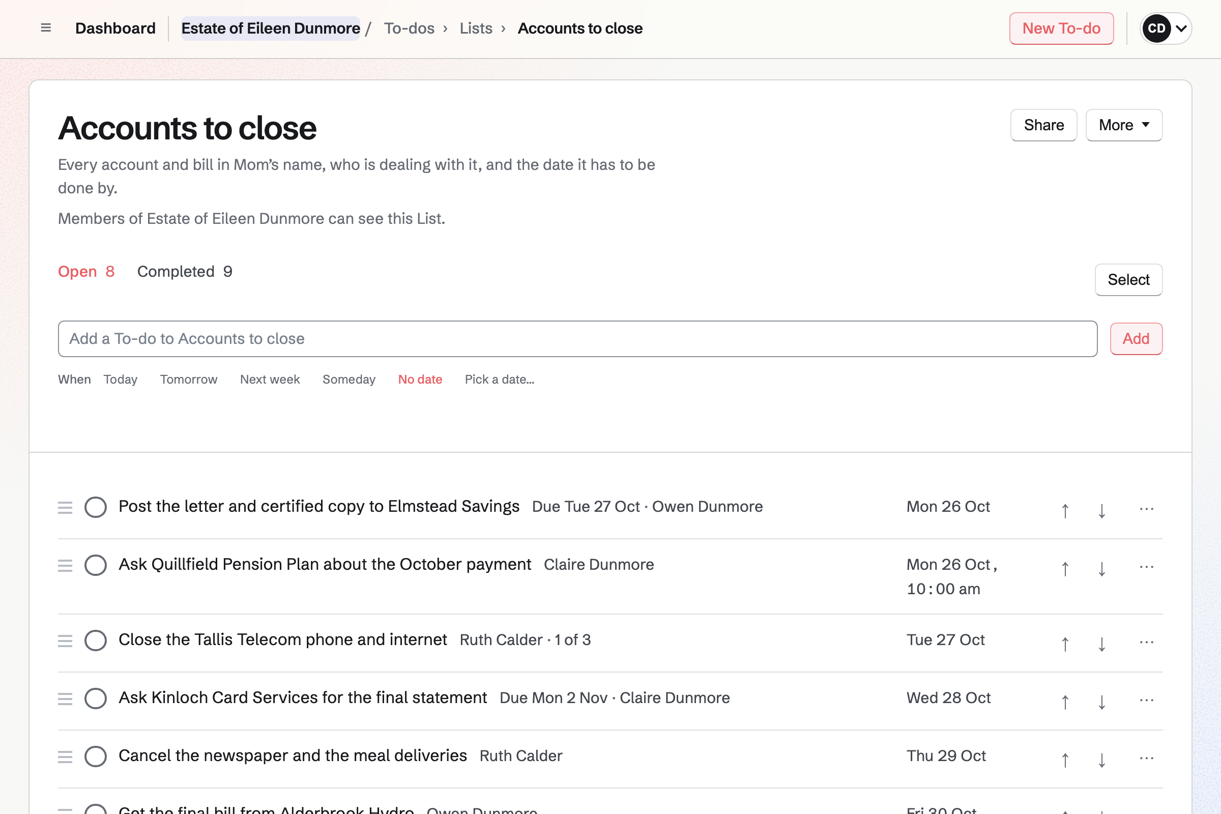 The Accounts to close List in the Estate of Eileen Dunmore team: each job with its day, its deadline and the brother or sister doing it, under the line that says the team’s members can see it.