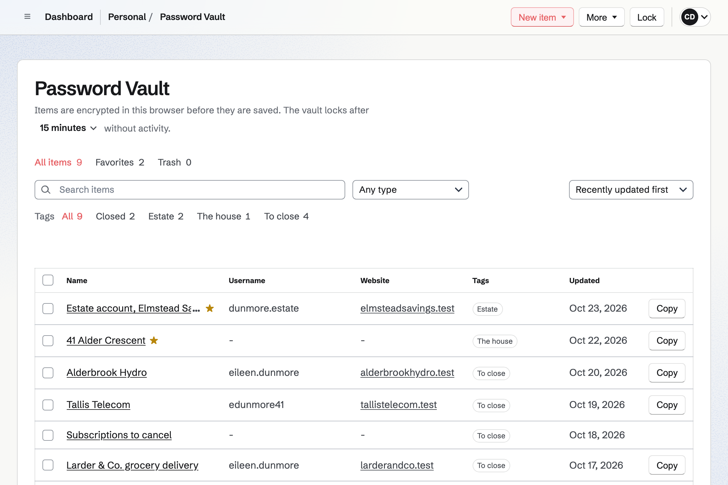 Claire’s Password Vault: the estate account’s login, the house’s alarm and key safe, the safe deposit box, and the accounts in Eileen’s name tagged To close or Closed.