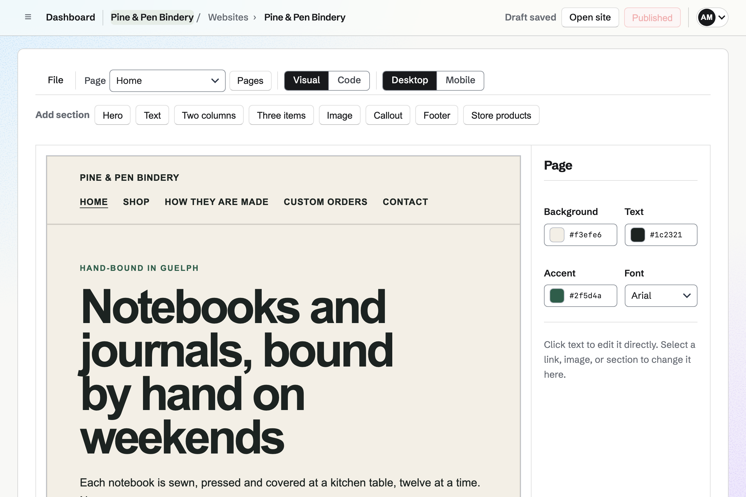 Pine & Pen Bindery’s website in the editor: the home page’s hero about hand-bound notebooks, its pages, the sections to add and the page’s colours.