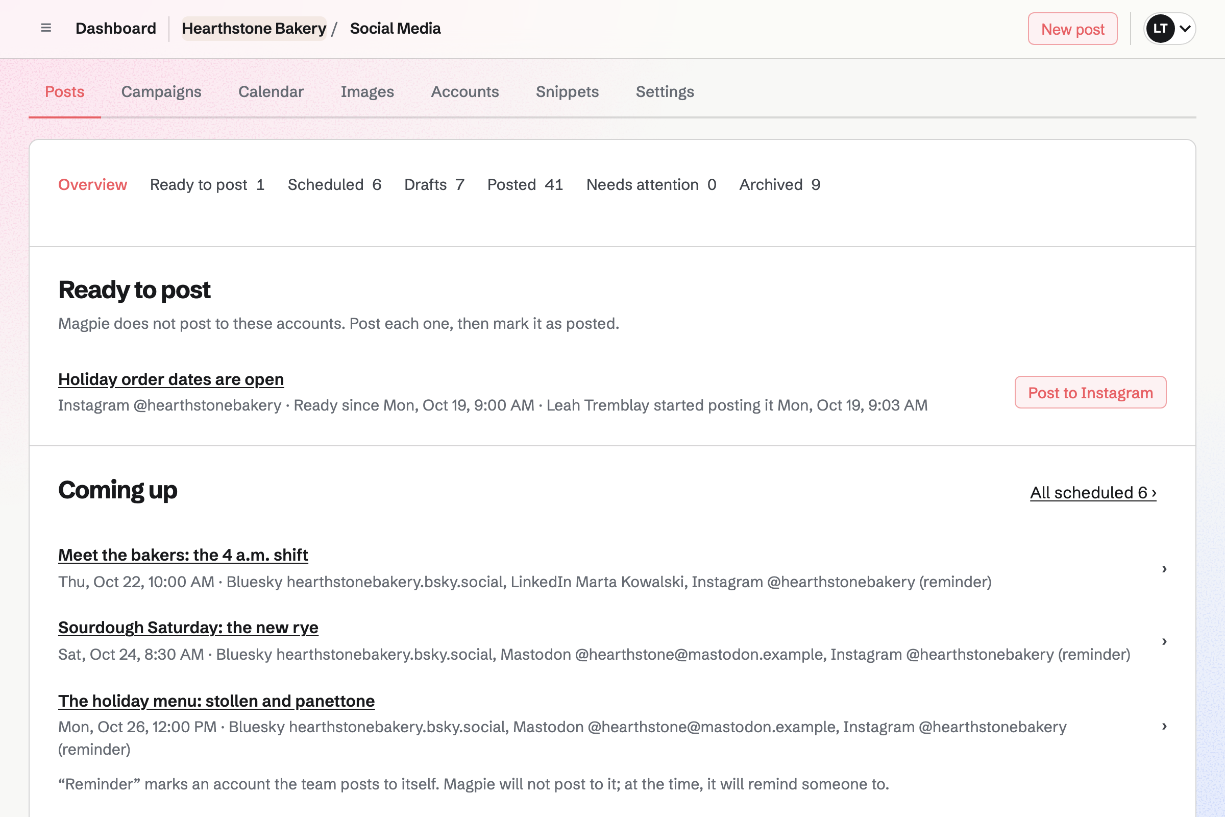 Hearthstone Bakery’s Social Media page, as their social media manager Leah Tremblay sees it: an Instagram post ready to post by hand, the posts coming up, drafts, the holiday orders campaign and the posts that went out.