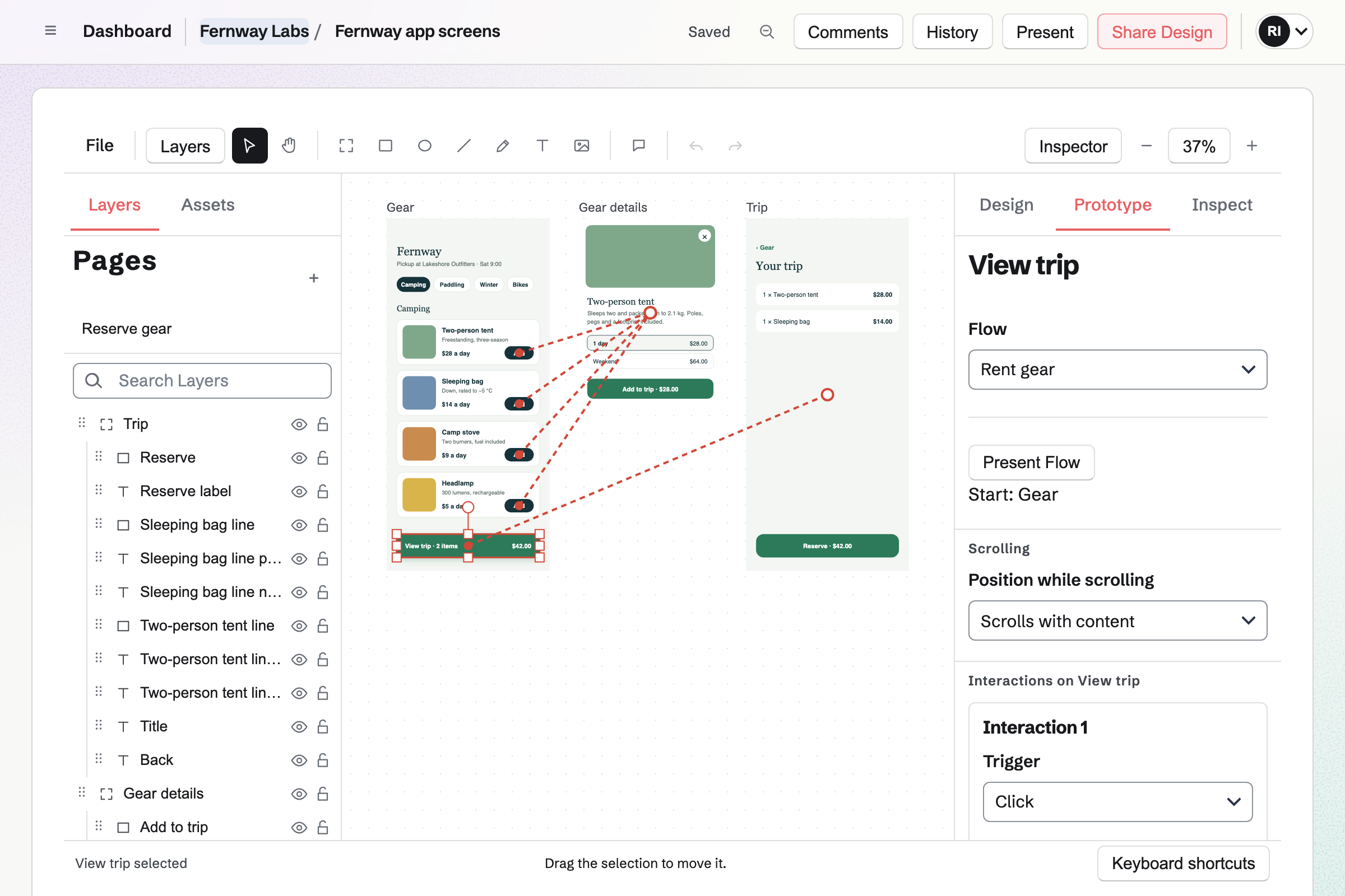 Fernway Labs’ design of the Fernway gear rental app in the Design editor’s Prototype mode, with links from each Add button to the tent’s details and the selected View trip bar’s link to the Trip frame.