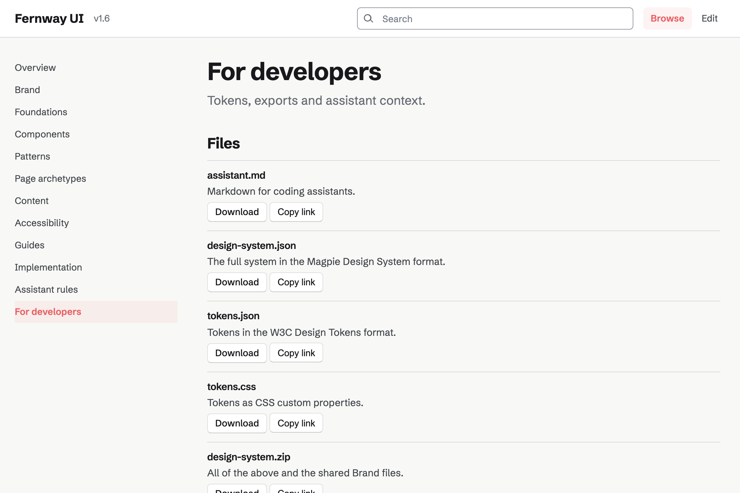 For developers in Fernway Labs’ Fernway UI documentation, with assistant.md, design-system.json, tokens.json and tokens.css to download or link for a coding assistant.