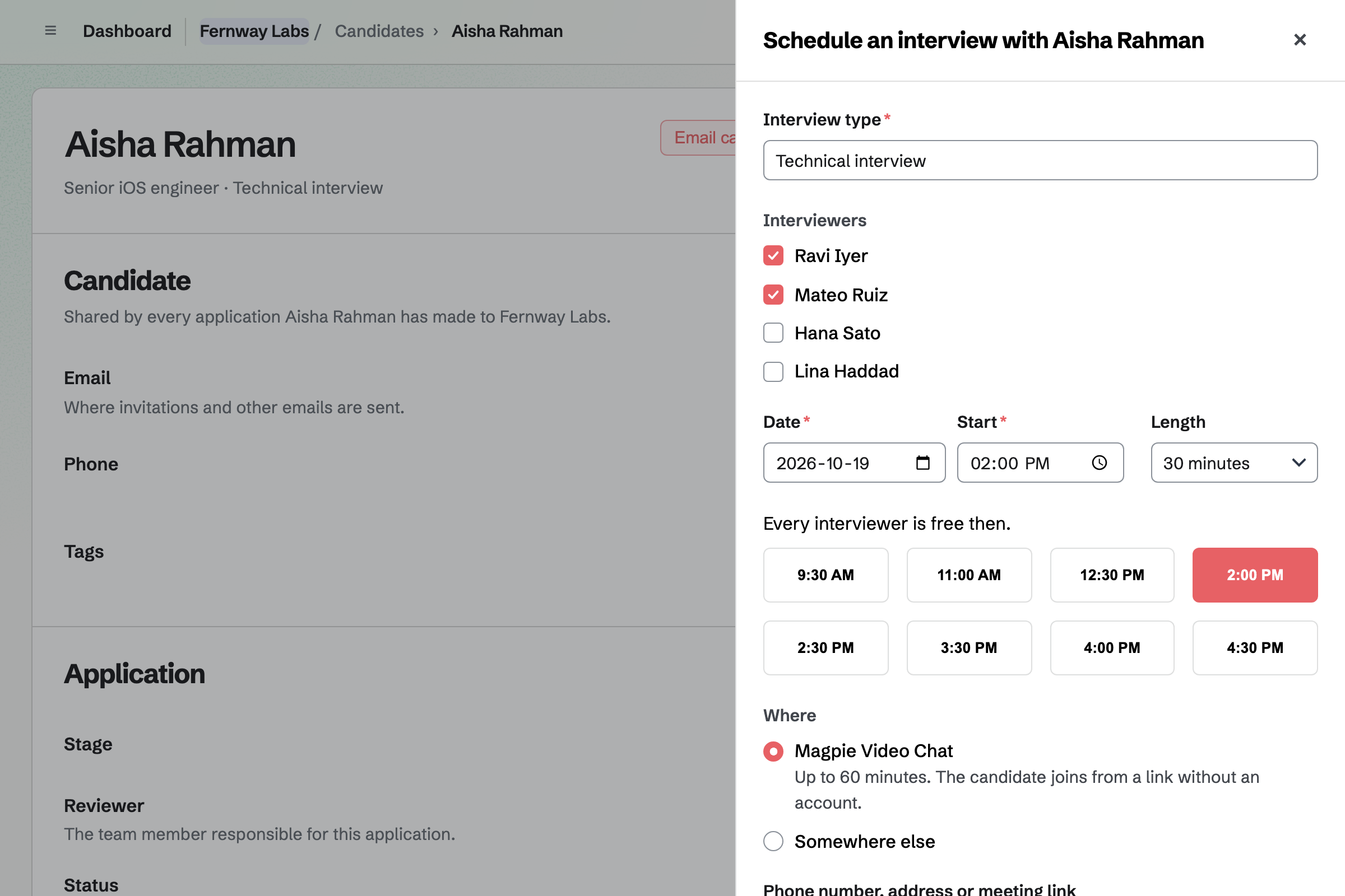 Schedule an interview for Aisha Rahman, a candidate for Fernway Labs’ Senior iOS engineer job: a Technical interview with Ravi Iyer and Mateo Ruiz chosen as interviewers, and the start times when both are free.