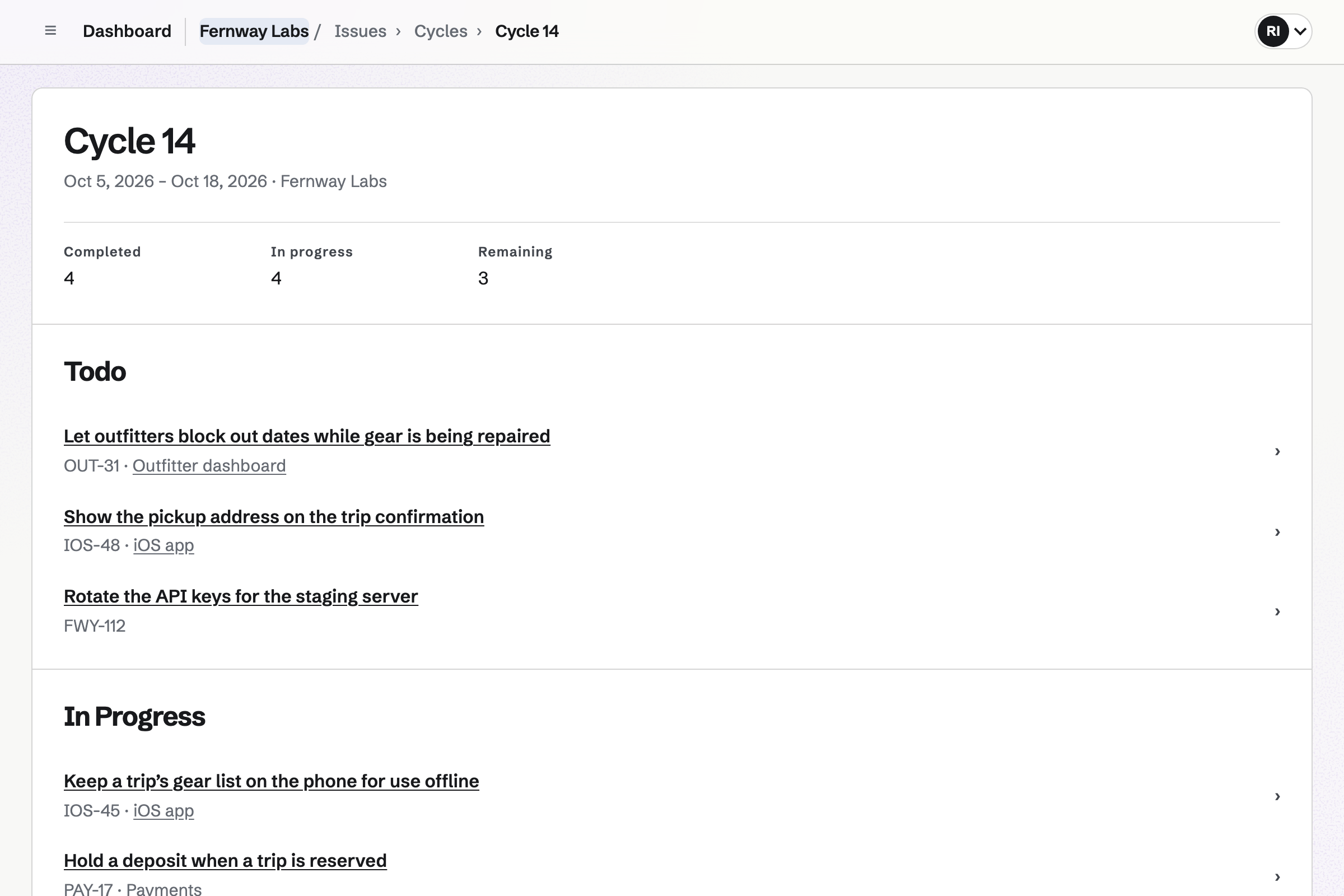 Fernway Labs’ Cycle 14 in Issues: four issues completed, four in progress and three remaining, then the issues still to do and in progress, each with its identifier and its project, such as iOS app or Outfitter dashboard.