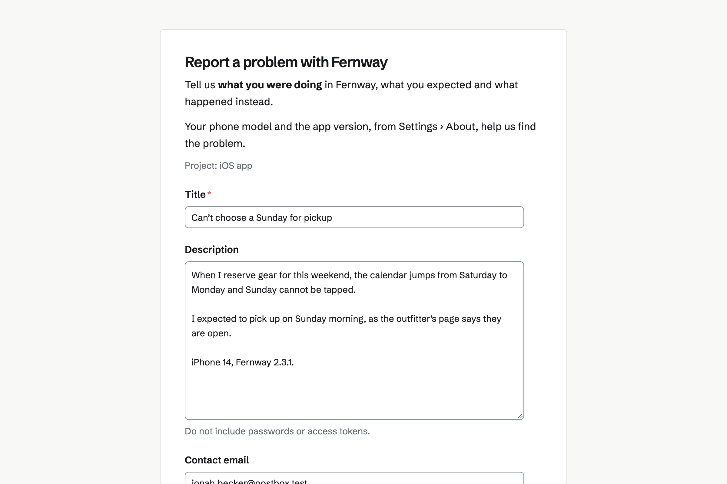 Fernway Labs’ public form for reporting a problem with the Fernway app, opened without a Magpie account: the form’s instructions, then a customer’s report that Sunday cannot be chosen for pickup, saying what happened and on which phone.