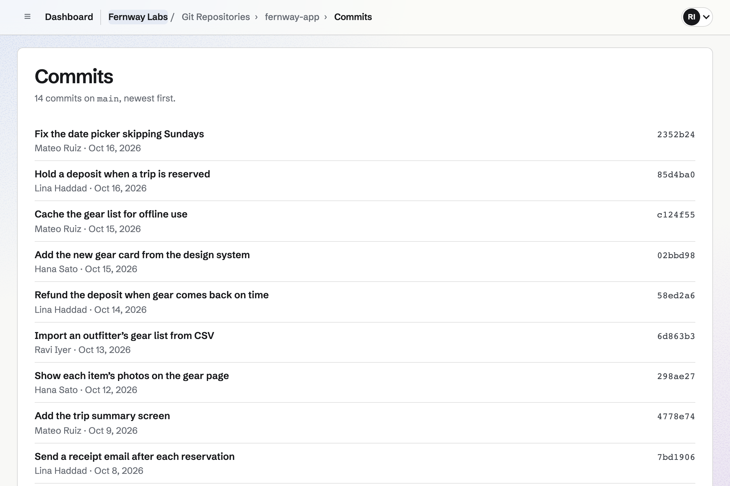 The commits on main in Fernway Labs’ fernway-app repository, newest first, from a fix for the date picker, each with its author, date and short ID.