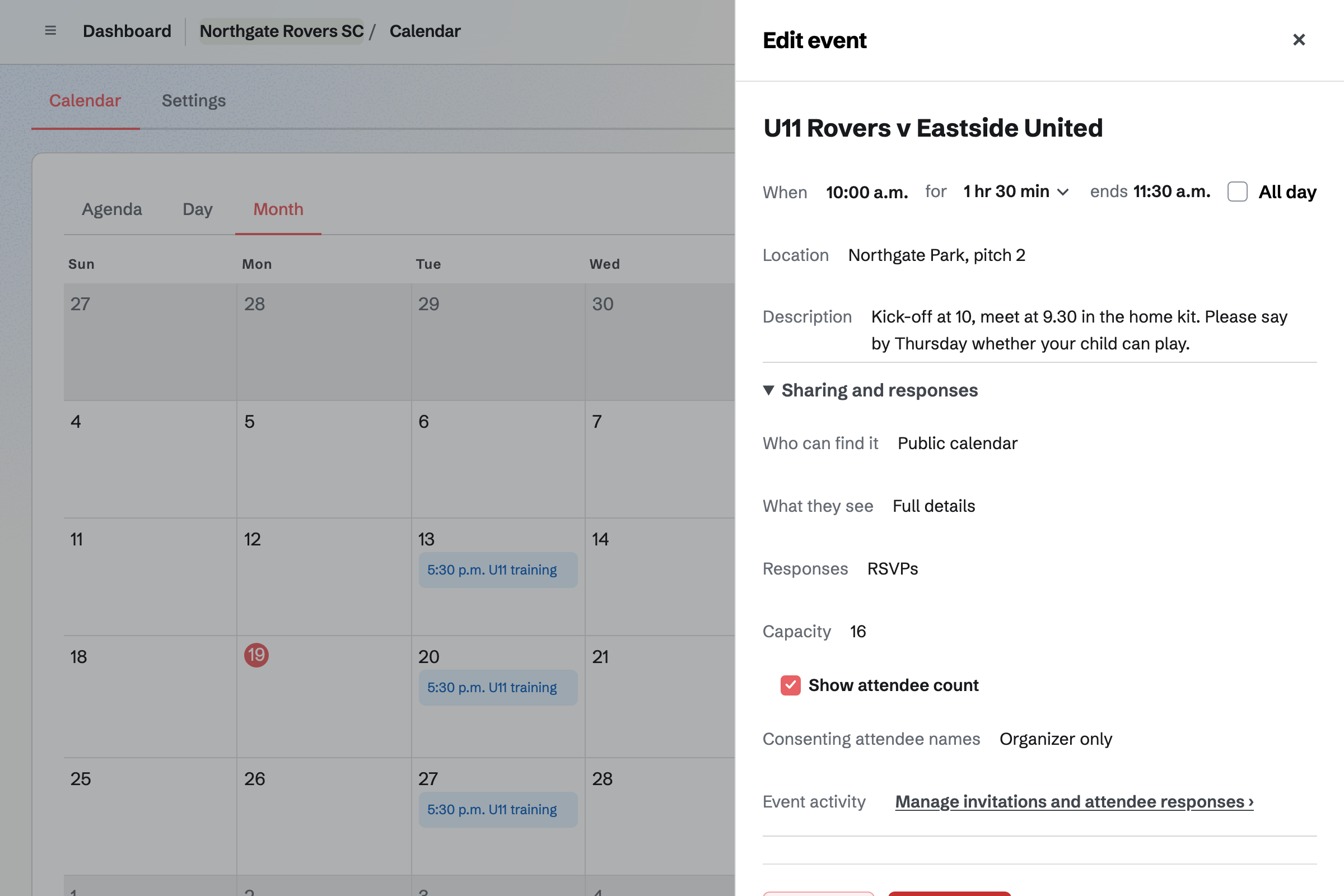 Northgate Rovers’ event drawer for the Under 11s’ home match on Saturday, over October’s calendar: on the public calendar, with availability replies up to 16 players and names seen by the coaches only.