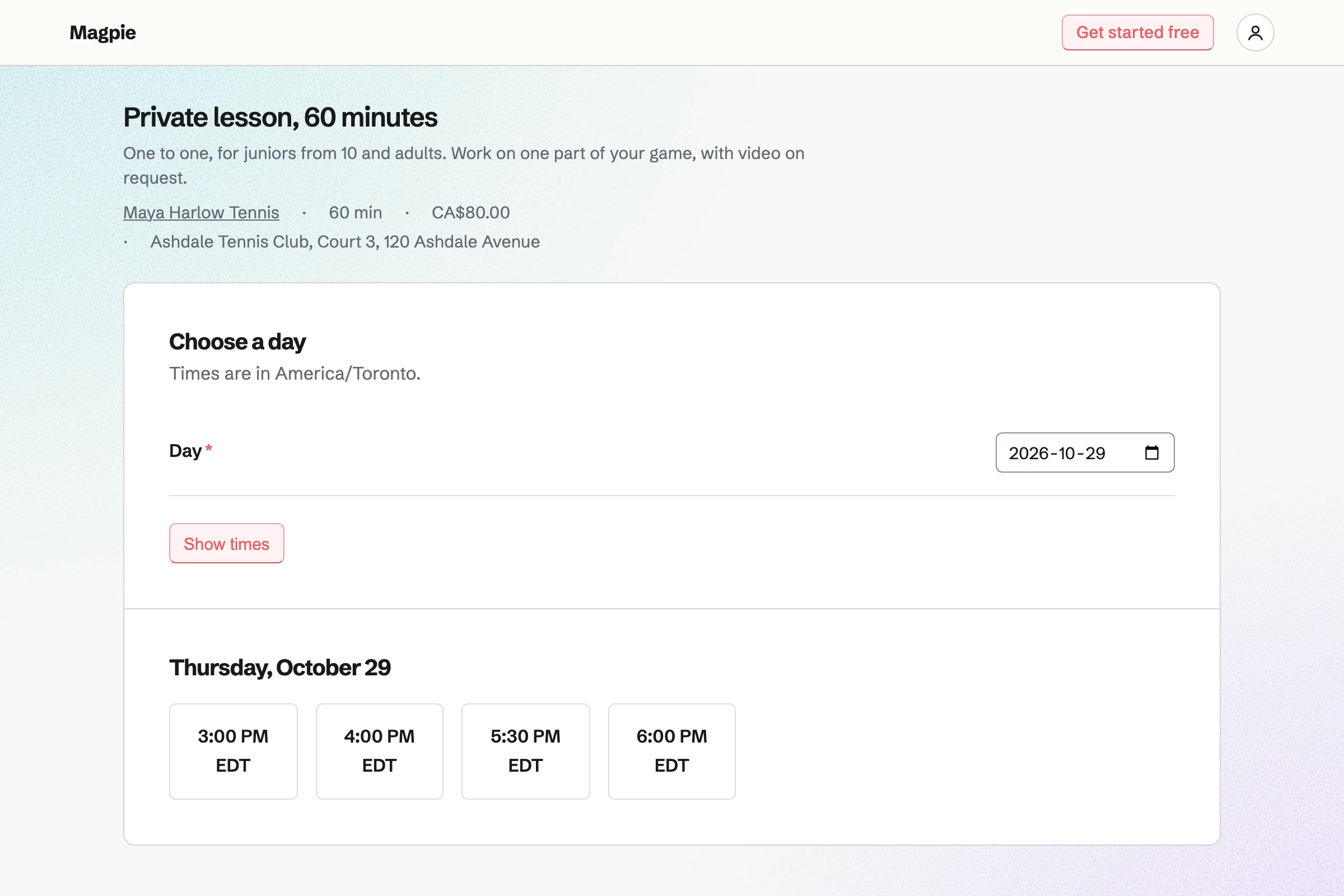 Maya Harlow Tennis's booking page for a 60-minute private lesson on Court 3 at Ashdale Tennis Club, with its price and the times free on Thursday.