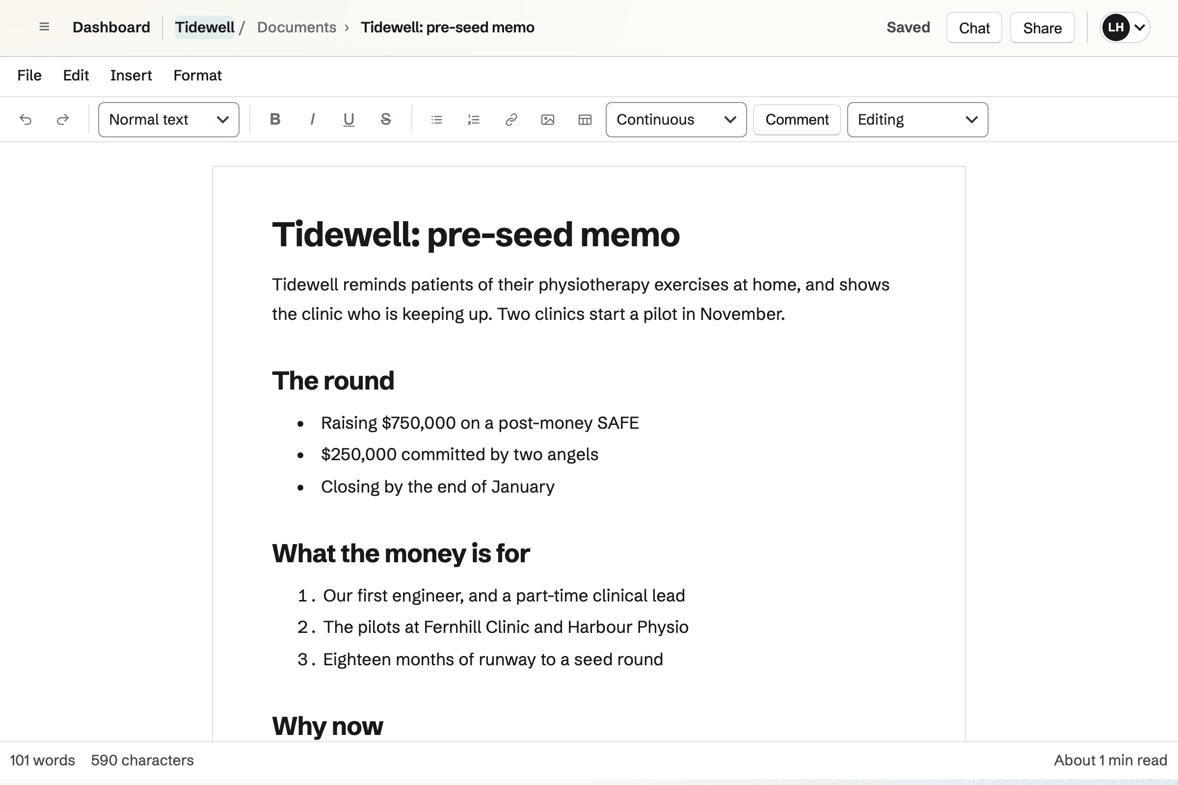 Tidewell’s pre-seed memo in the Documents editor: what Tidewell does, the round and what the money is for, with headings and lists.