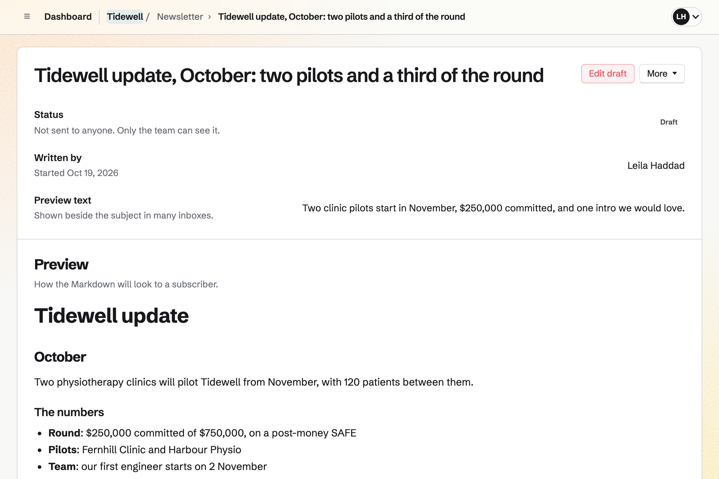 Tidewell’s monthly investor update in the newsletter preview: its subject, preview text and the month’s news, with the round, the pilots and the ask.