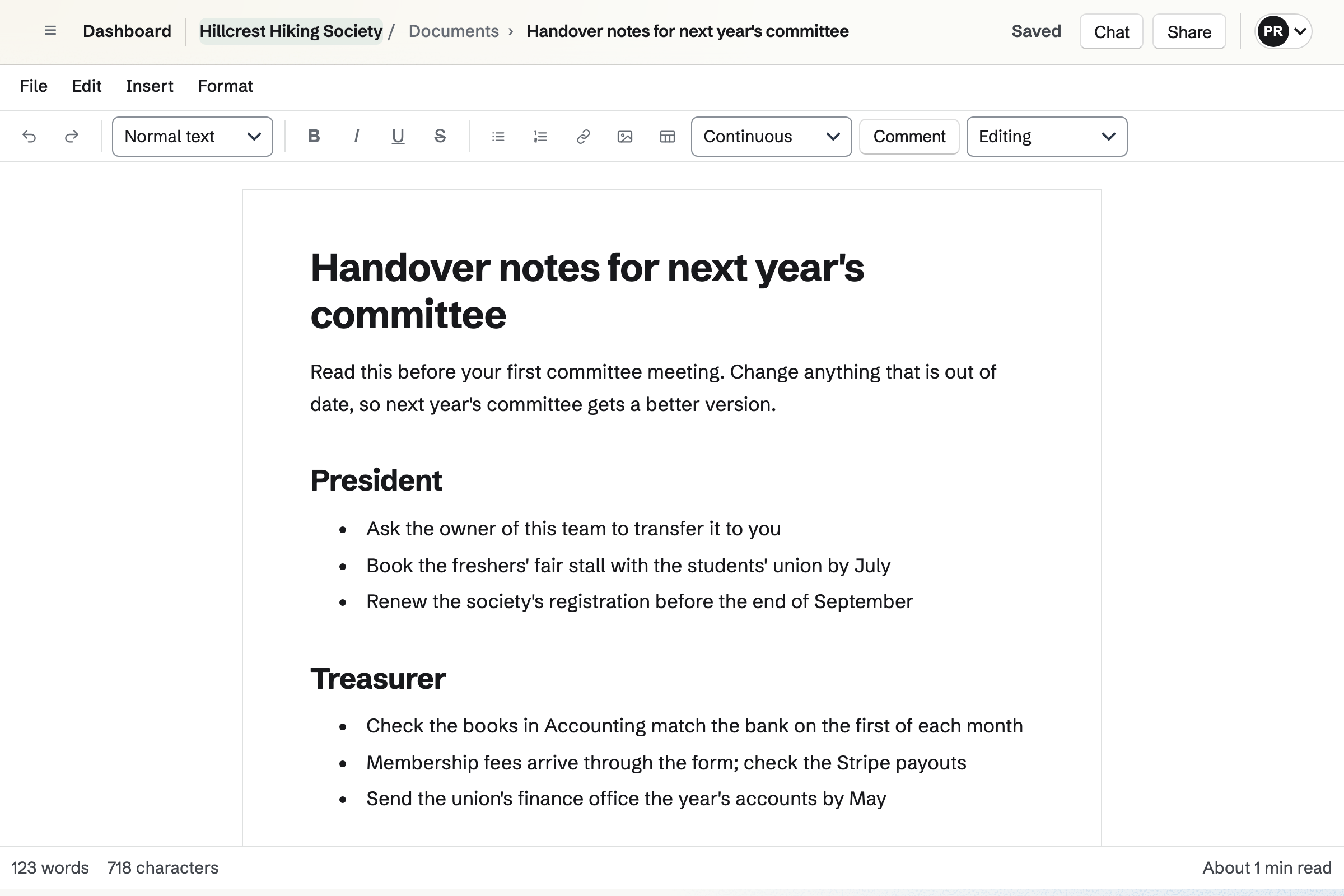 Hillcrest Hiking Society’s handover notes open in Documents: how to use them, then what the next president and treasurer each need to do first.