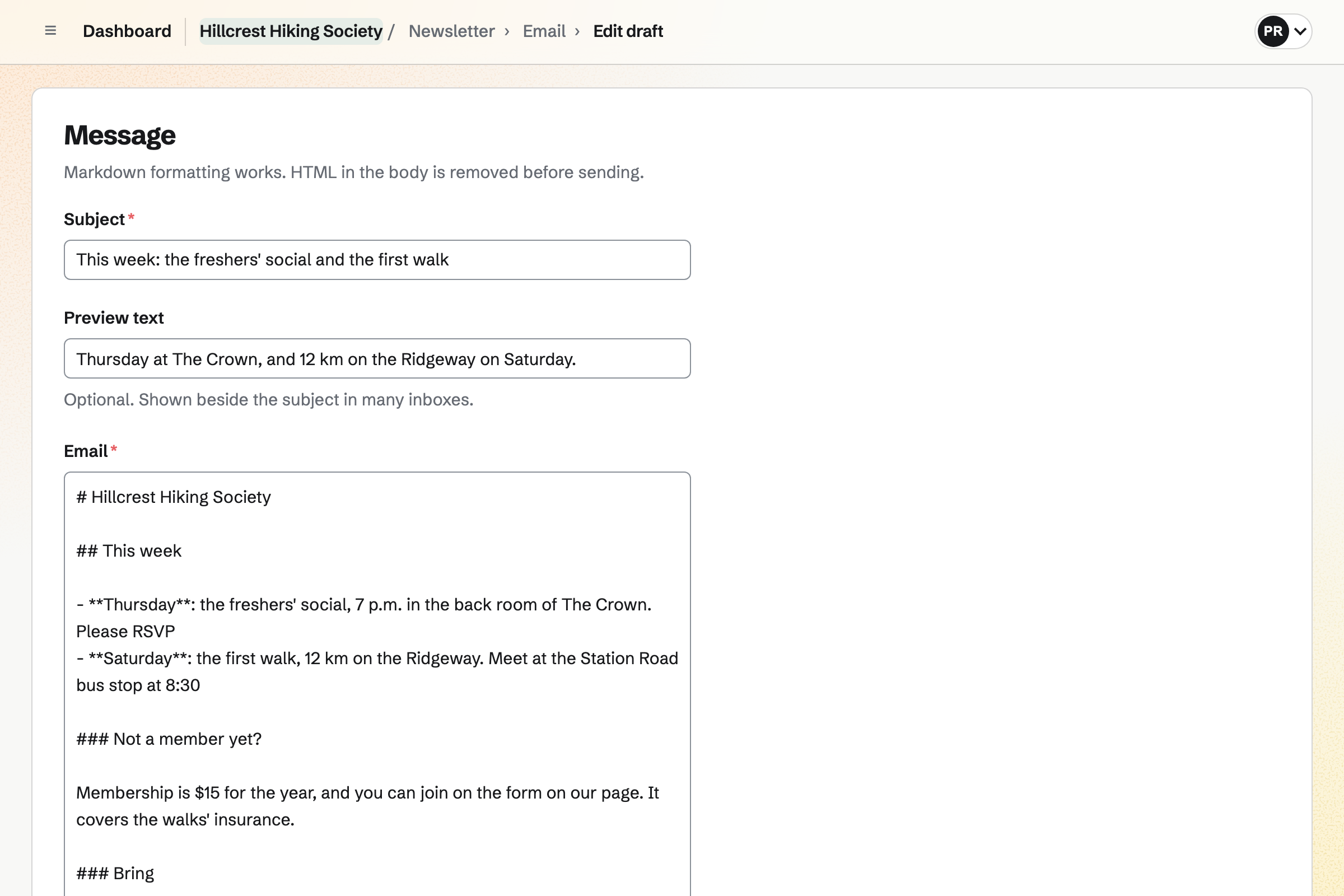 Hillcrest Hiking Society’s newsletter in the composer: its subject, preview text and Markdown text about the freshers’ social, the first walk and how to join.