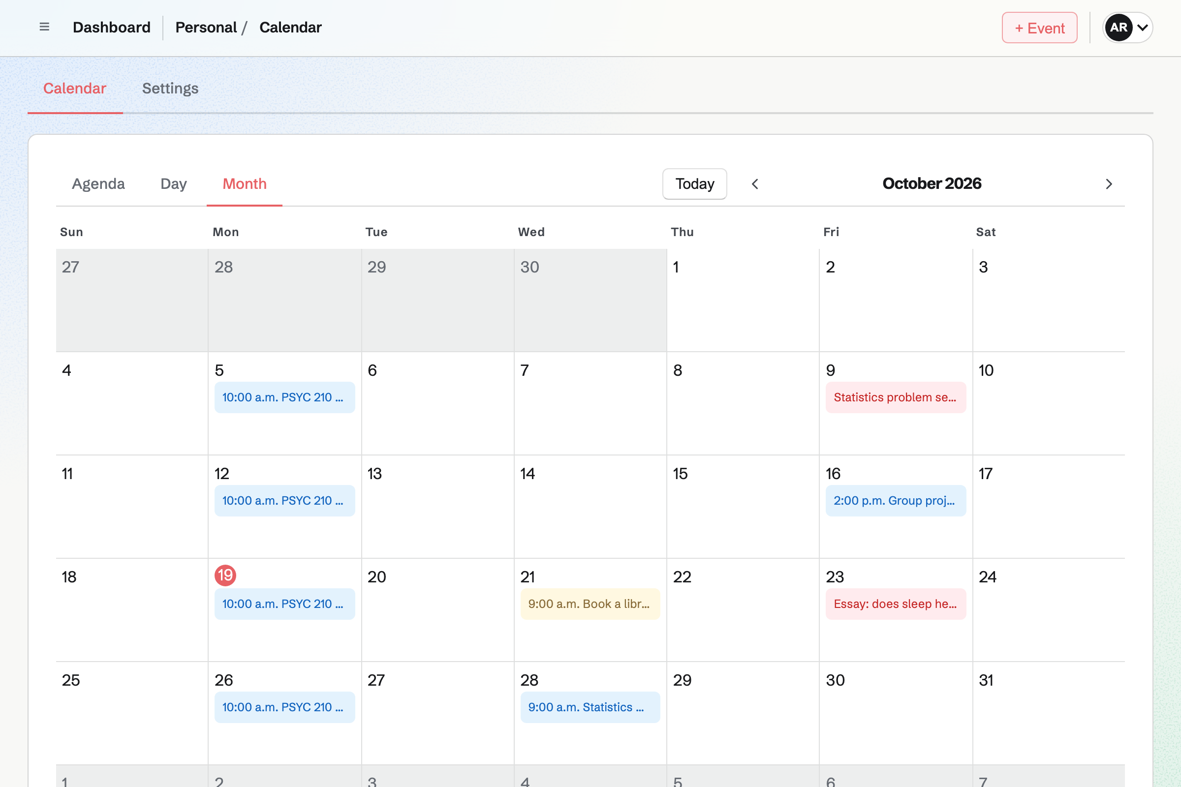Aisha’s Calendar for October: seminars, a midterm, essay and report deadlines, a group meeting and To-dos such as booking a library room.