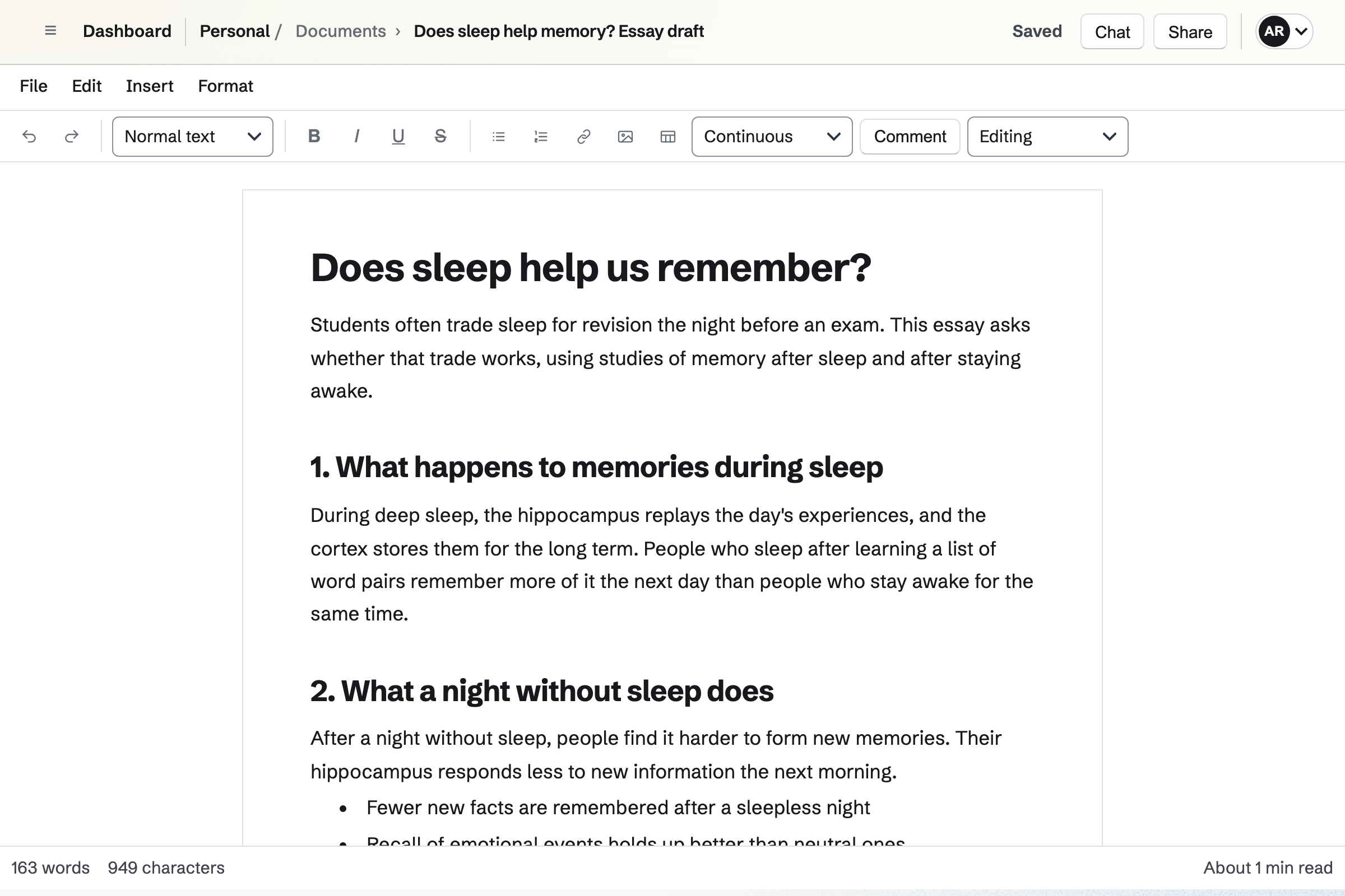 Aisha’s essay draft open in Documents: its title, the introduction and its first two numbered sections, with the formatting toolbar above.