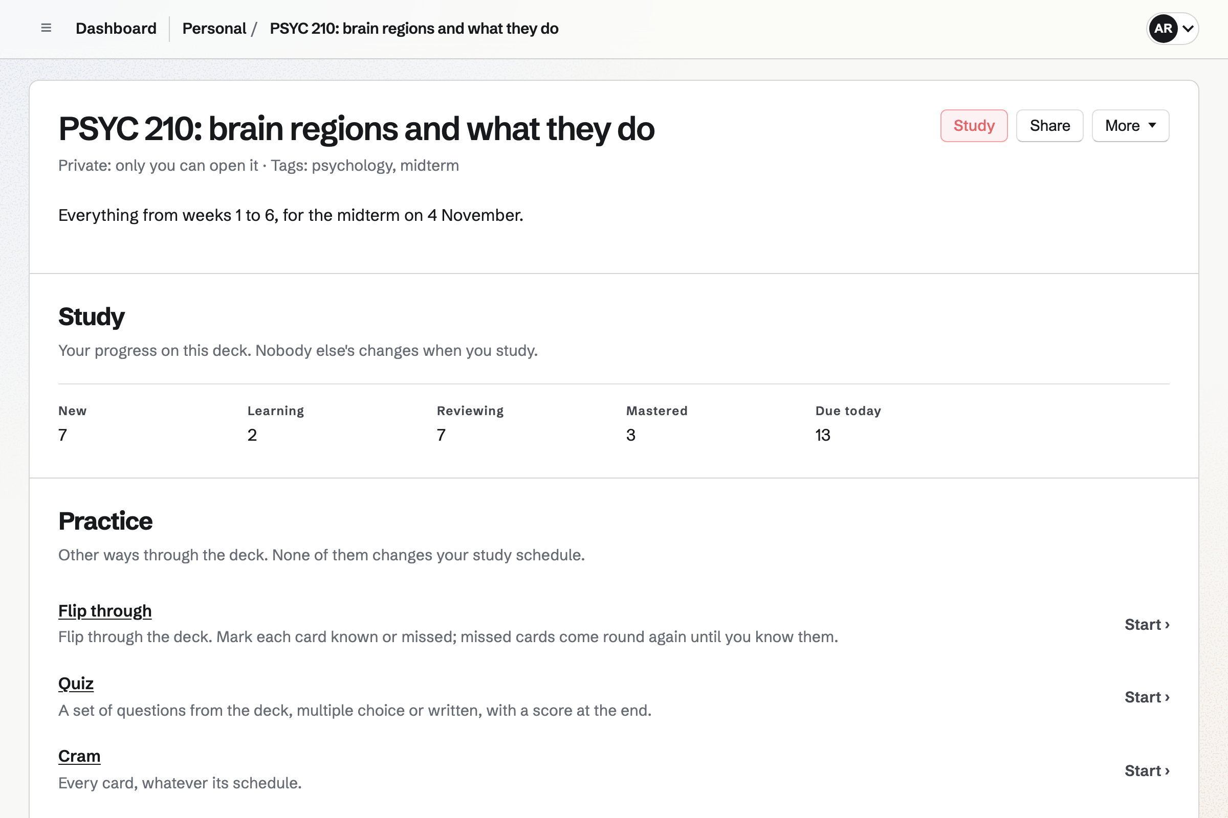 A neuroscience deck in Flashcards: its description, Aisha’s study progress with cards due today, and the ways to practise it: study, flip through, a quiz or cram.