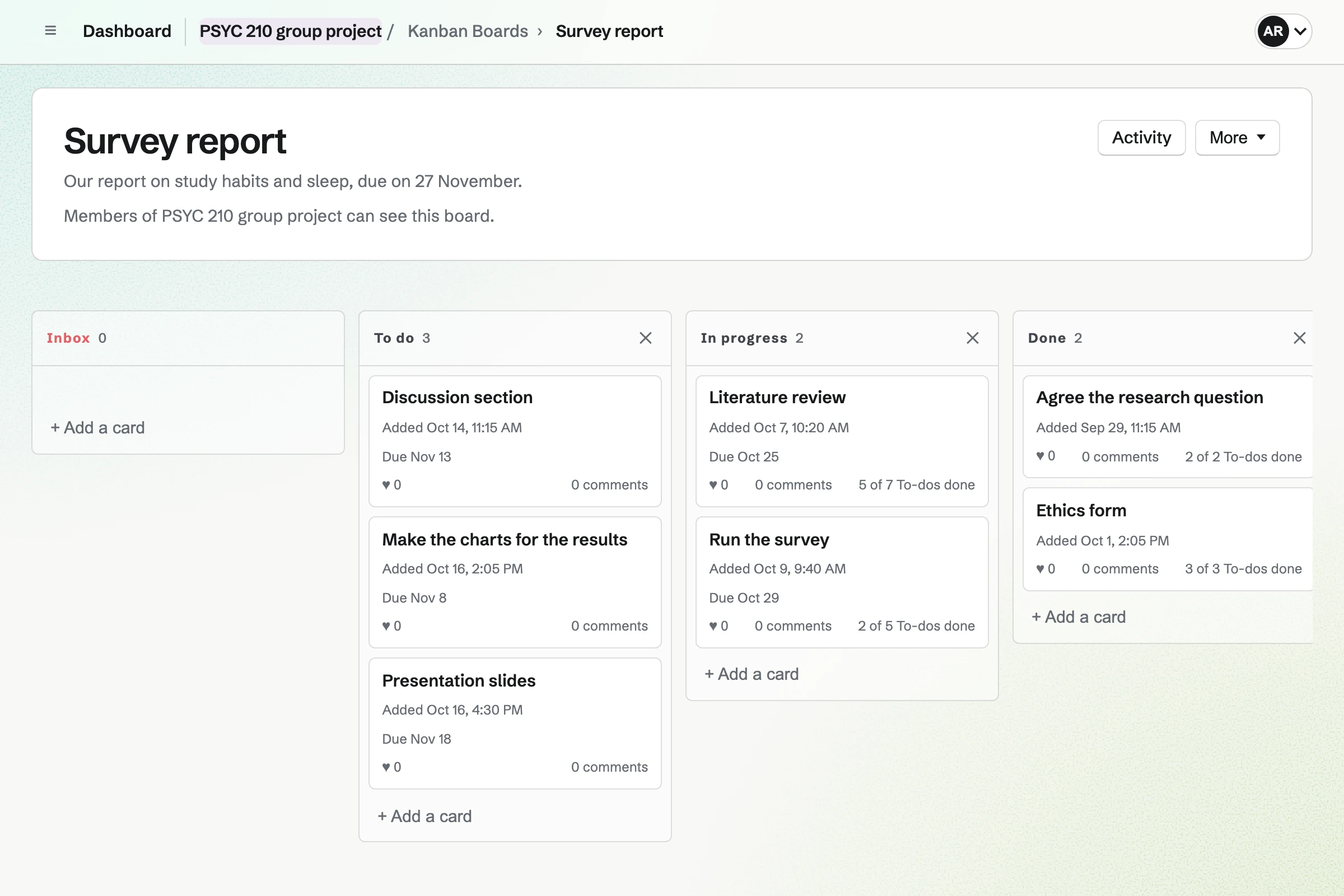 The PSYC 210 group project’s board: the parts still to do, work in progress with due dates and To-dos, and what is done.