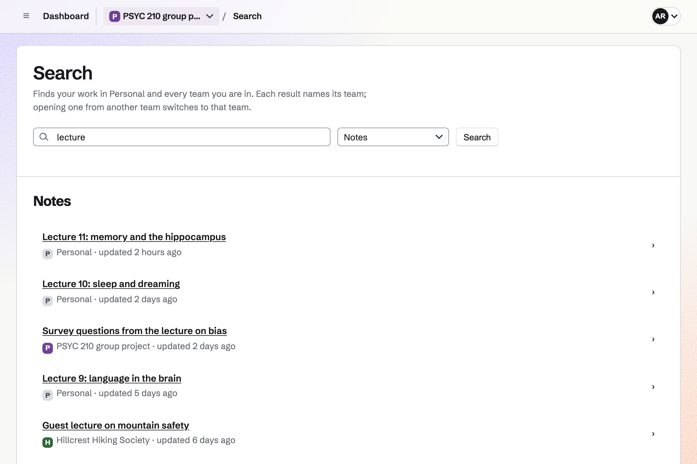 Search results for “lecture” in Notes: Aisha’s own lecture notes, notes from her group project and one from her hiking society, each with where it is and when it last changed.