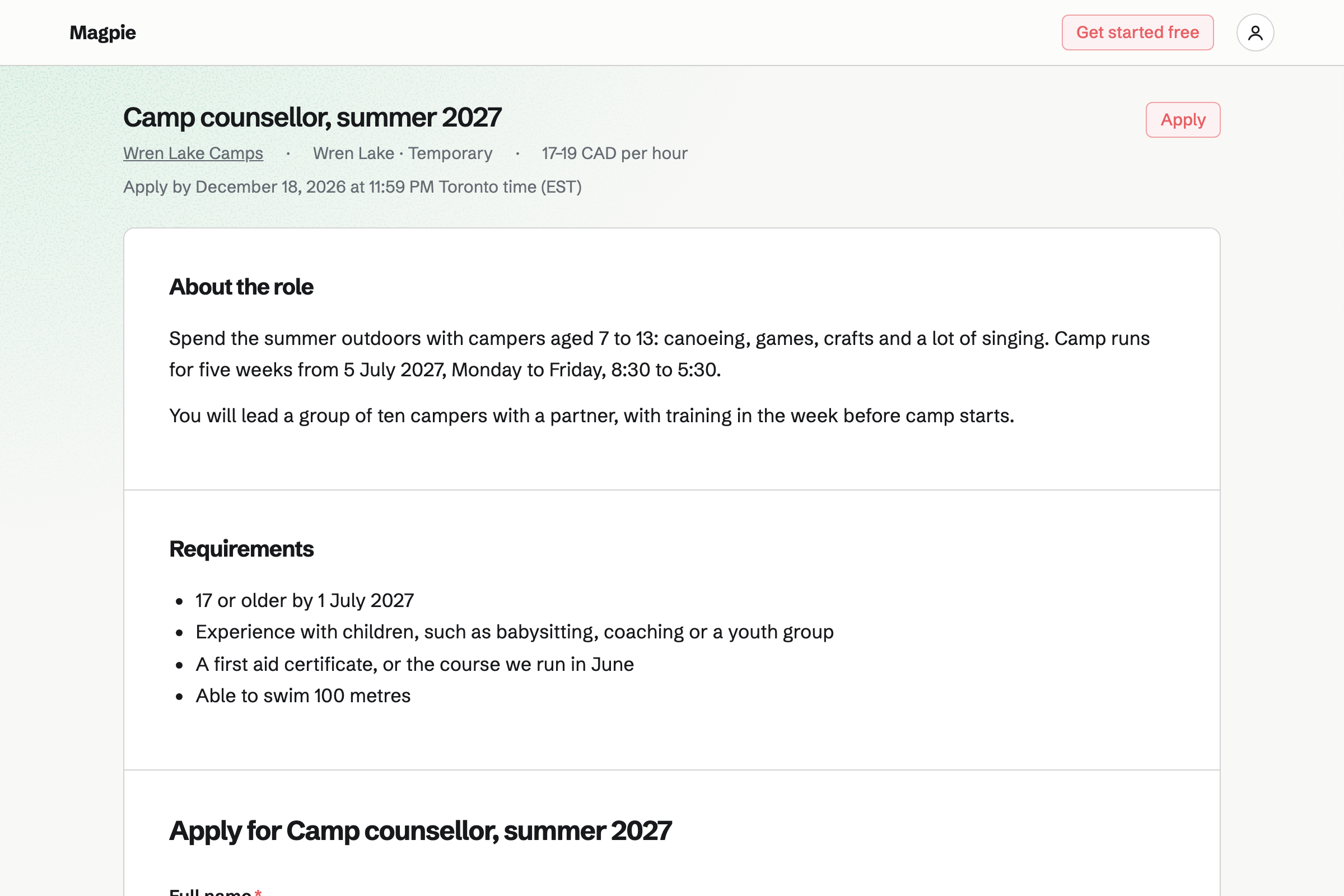 Wren Lake Camps’ job page for summer counsellors: the role’s facts and hourly pay, the closing date and Apply, then what the job is and what it needs.