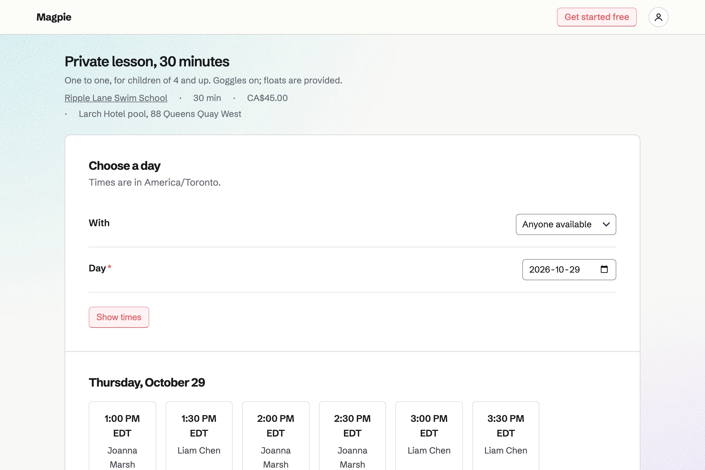 Ripple Lane Swim School's booking page for a 30-minute private lesson: its price and pool, and the times on Thursday when a teacher is free.