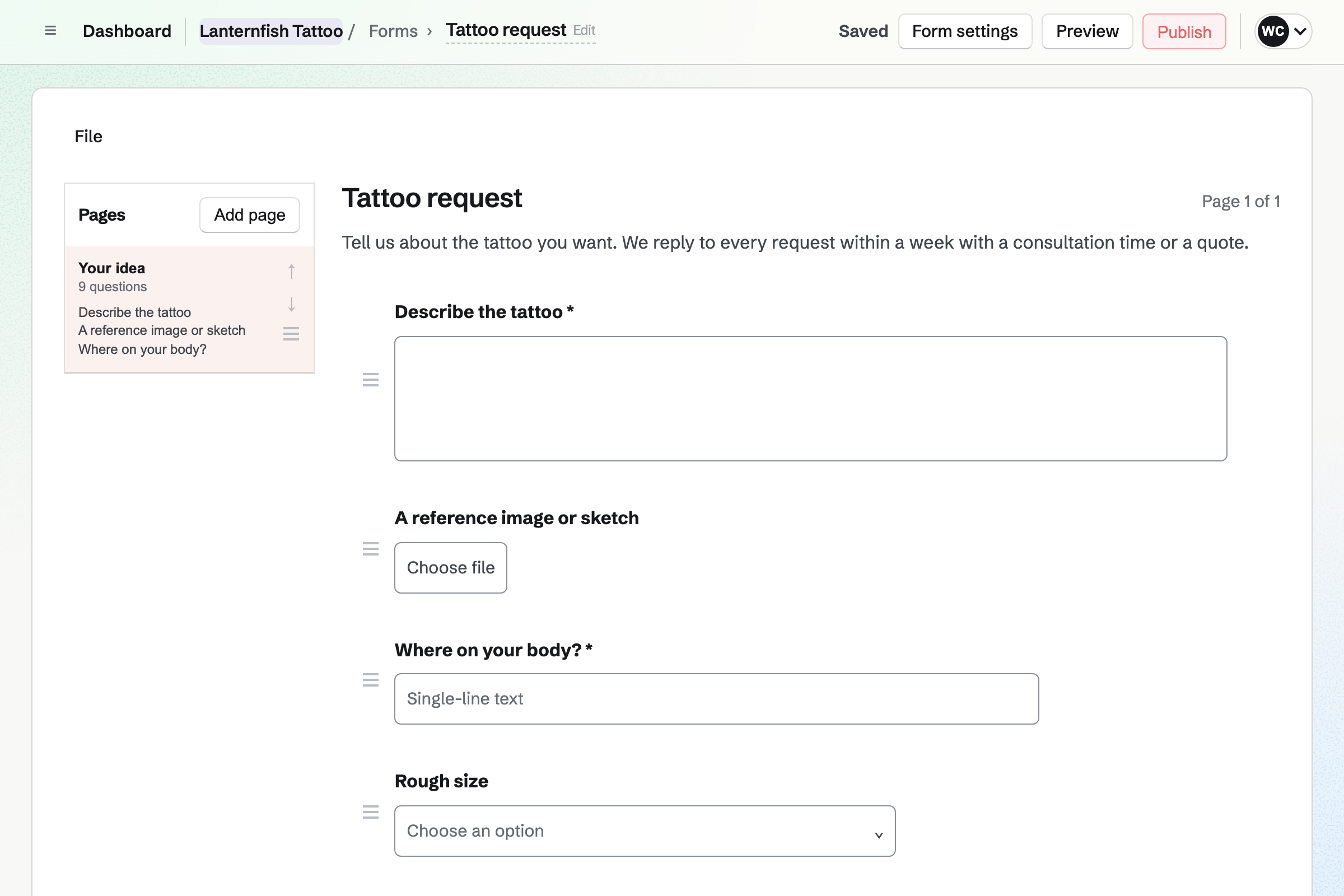 Lanternfish Tattoo’s Tattoo request Form in the Form builder: questions for a description of the tattoo, a reference image or sketch, where on the body it goes and its rough size, each with its answer type.