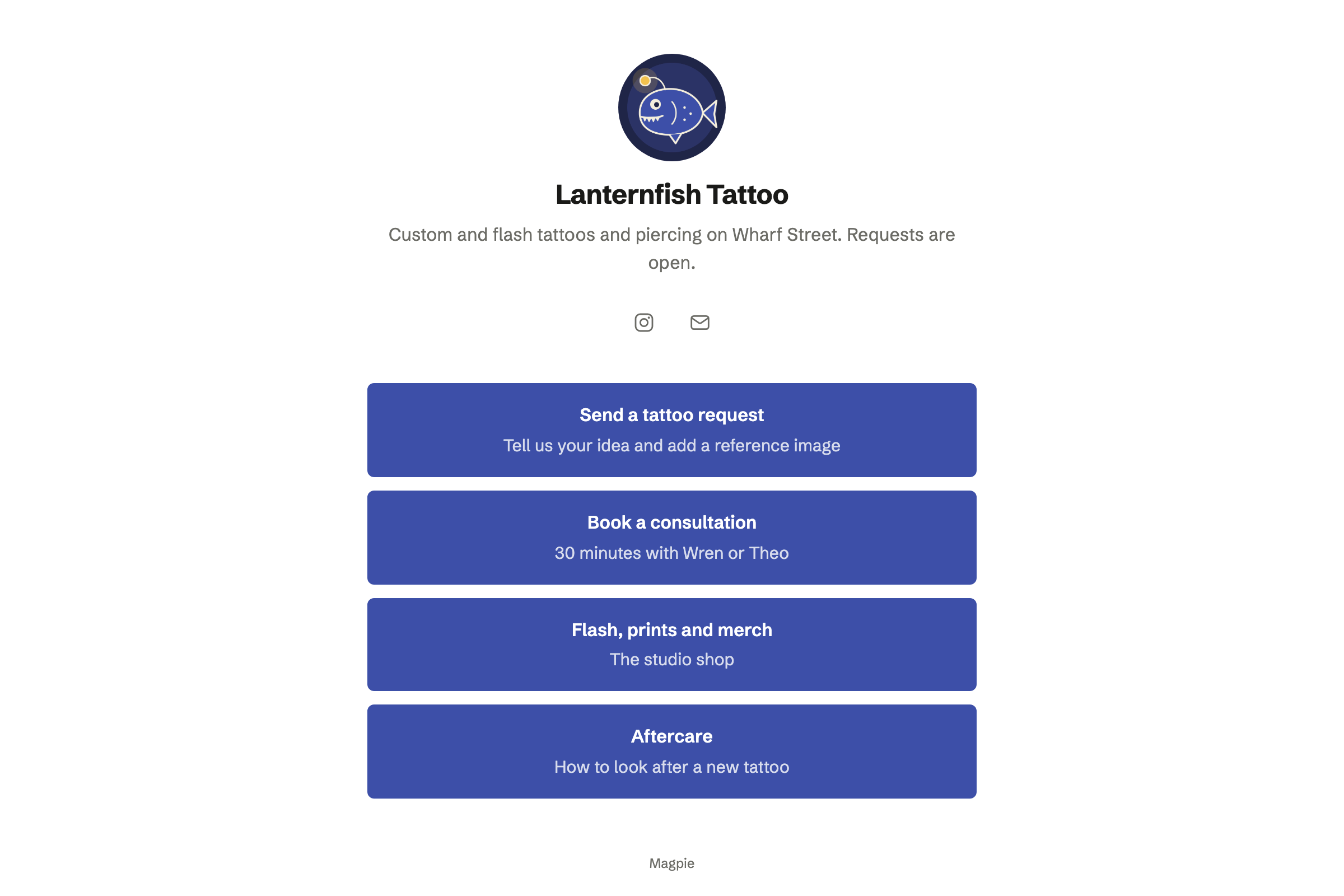 Lanternfish Tattoo’s public Link-In-Bio List: the studio’s lanternfish picture, name and a line about it, Instagram and email icons, then links to send a tattoo request, book a consultation, the flash and merch shop, and aftercare instructions.