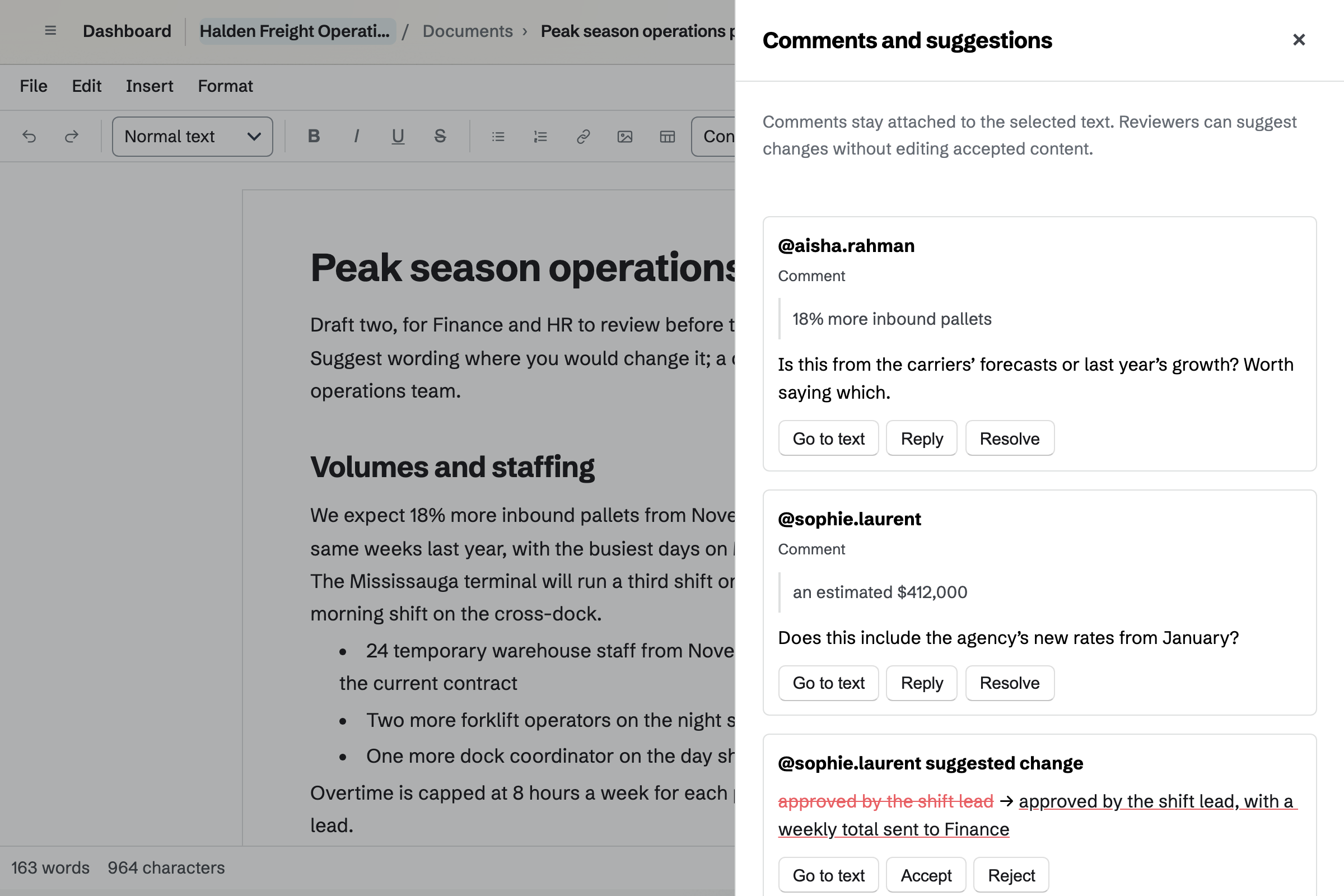 Halden Freight Operations’ Peak season operations plan in Documents, with the Comments and suggestions panel open: a question from Aisha Rahman, a comment from the reviewer Sophie Laurent on the budget estimate, and her suggested wording waiting to be accepted or rejected.