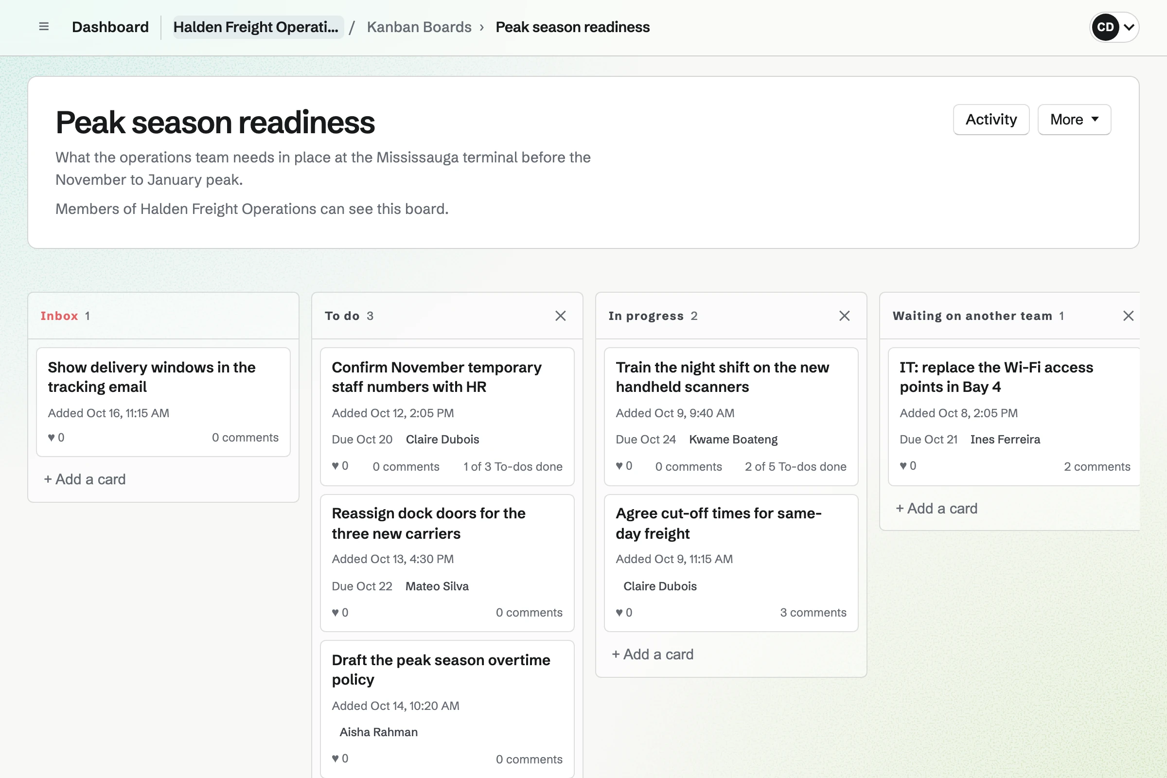 Halden Freight Operations’ Peak season readiness board, seen by the team’s members: a suggested card in Inbox, then To do, In progress and Waiting on another team, with cards such as training the night shift on the new handheld scanners, each with its assignee, due date and To-dos.
