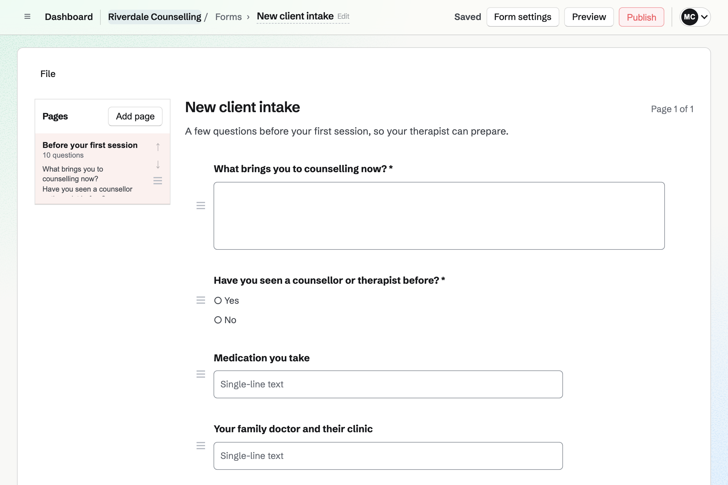 Riverdale Counselling’s New client intake Form in the Form builder: what brings the client to counselling, earlier counselling, medication, their doctor, how they would like to meet and an emergency contact, each with its answer type.