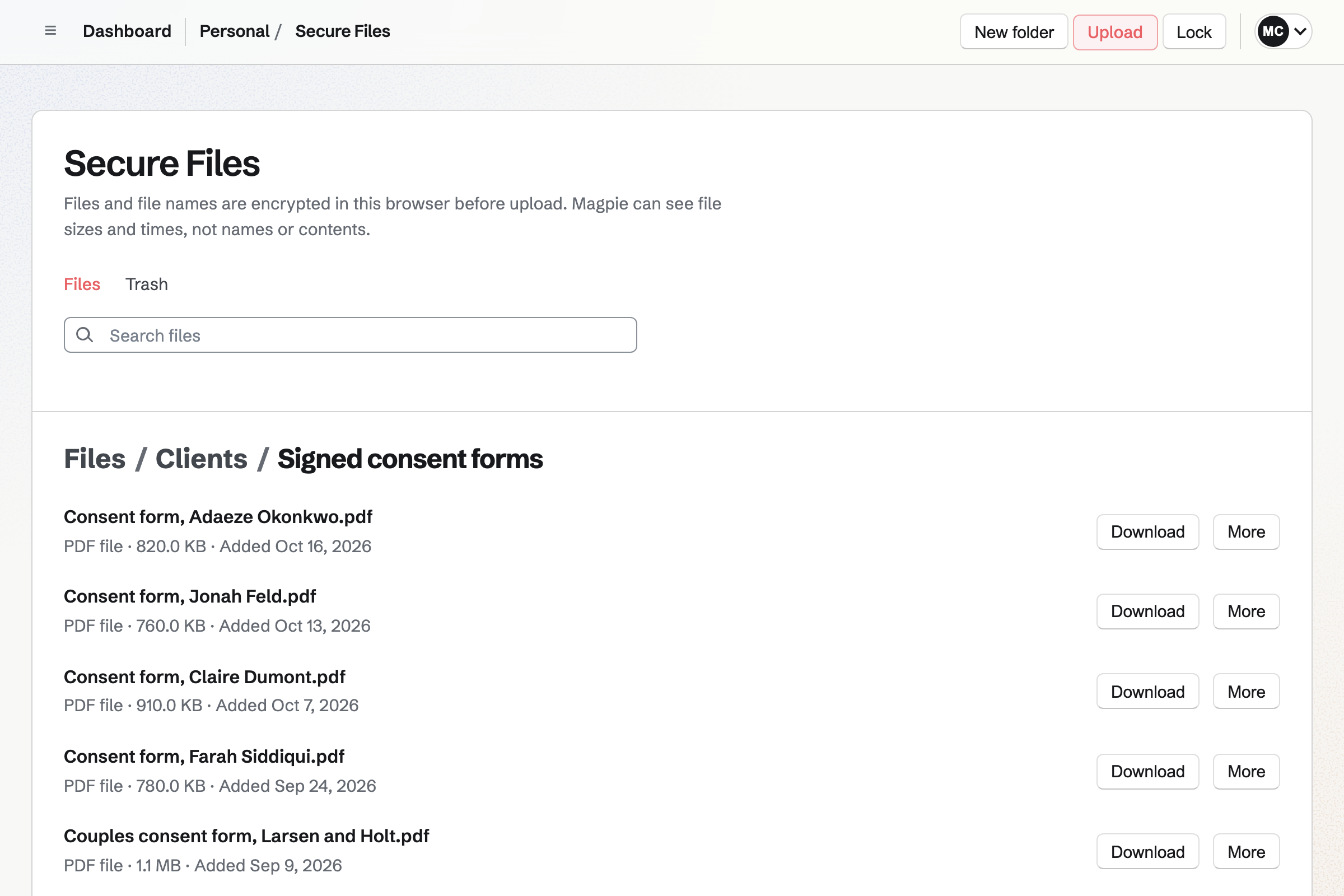 Maren Castellano’s Secure Files, unlocked, in the Clients / Signed consent forms folder: scanned consent forms as PDFs, each with its size, the date it was added and a Download button.