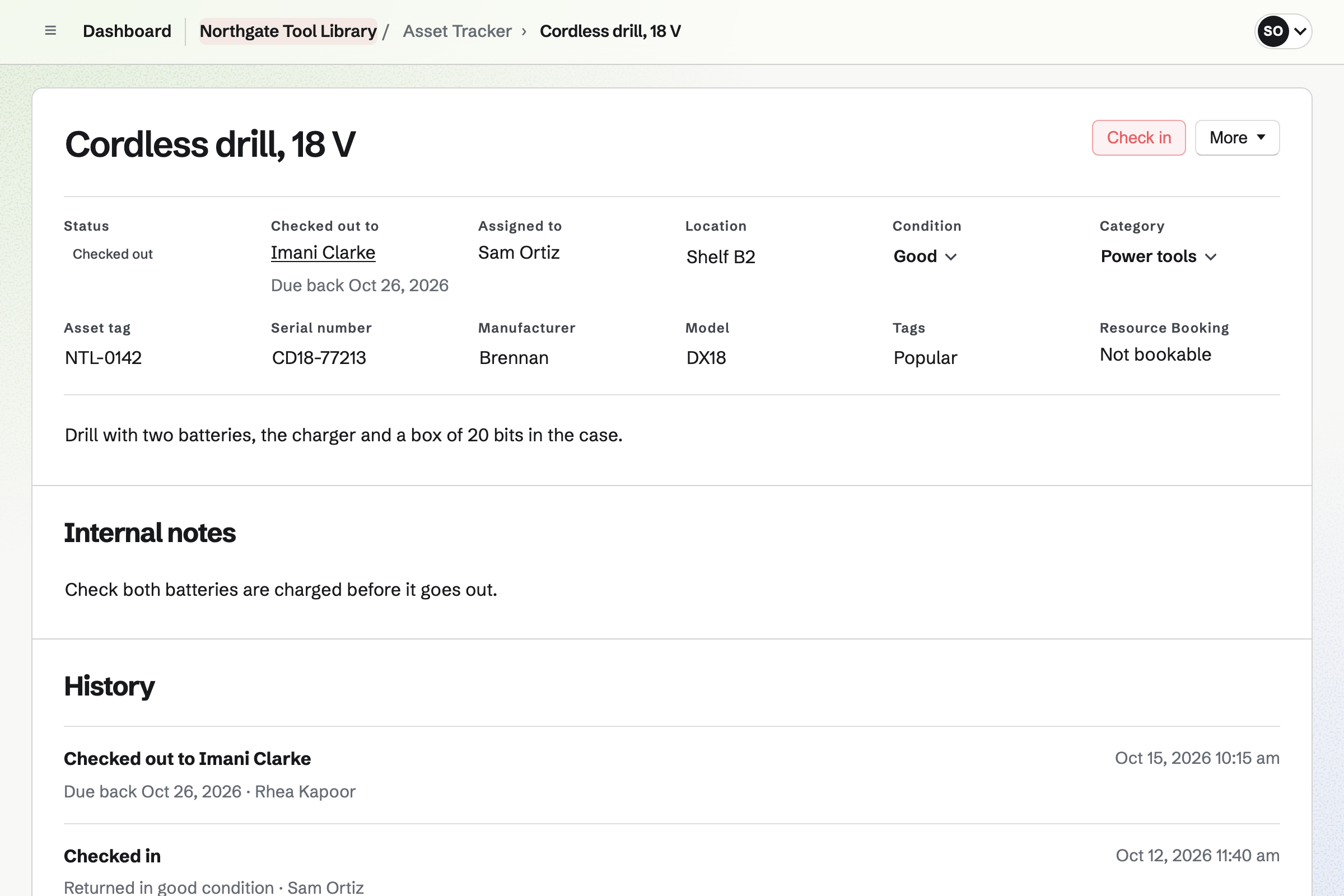 A cordless drill’s record in Asset Tracker: lent to a member and due back next Monday, with its tag, serial number, condition, shelf and what comes with it.