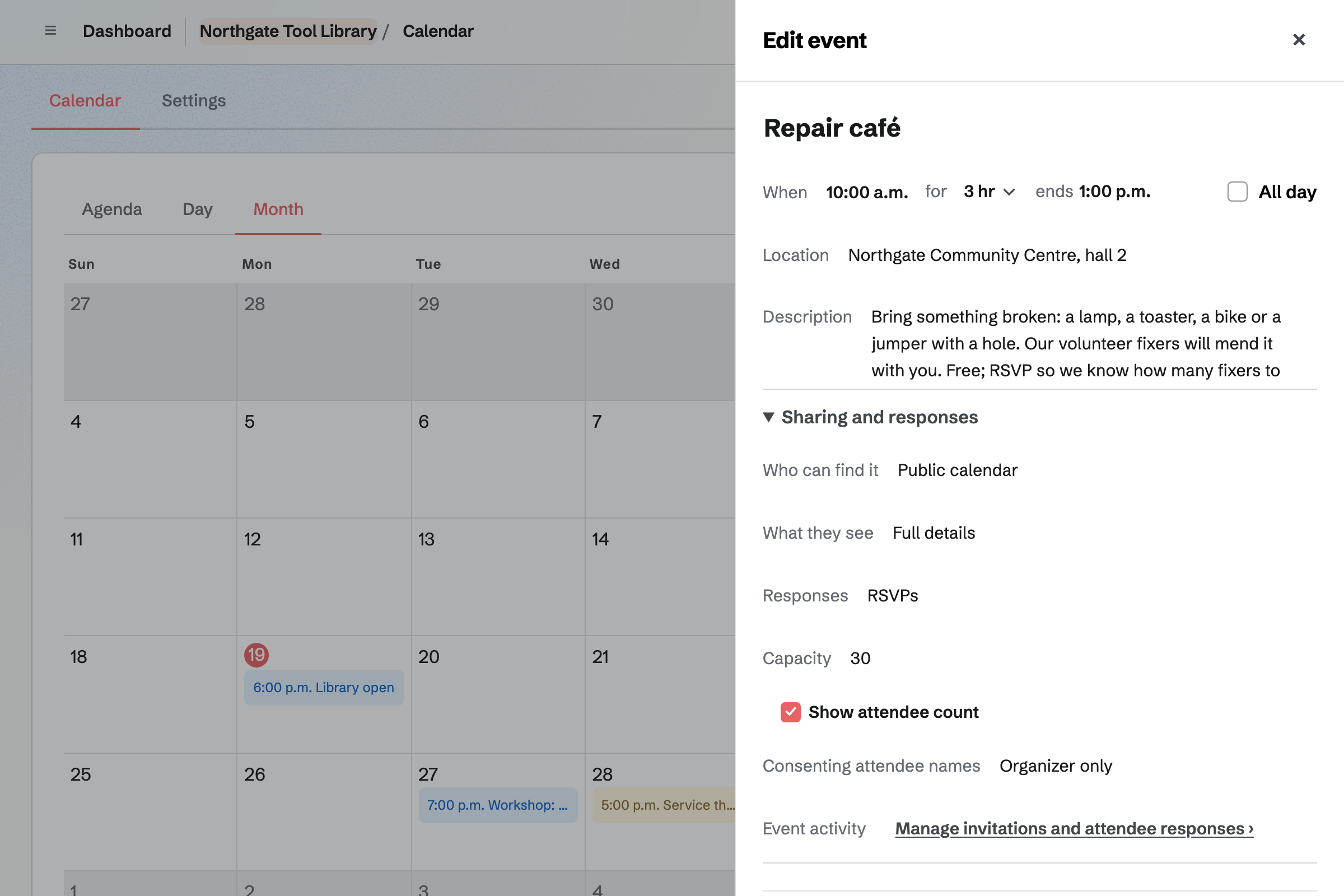 Northgate Tool Library’s Calendar with the repair café’s details open: anyone can find it on the public calendar, it takes RSVPs up to 30 people, and its page shows how many are going.