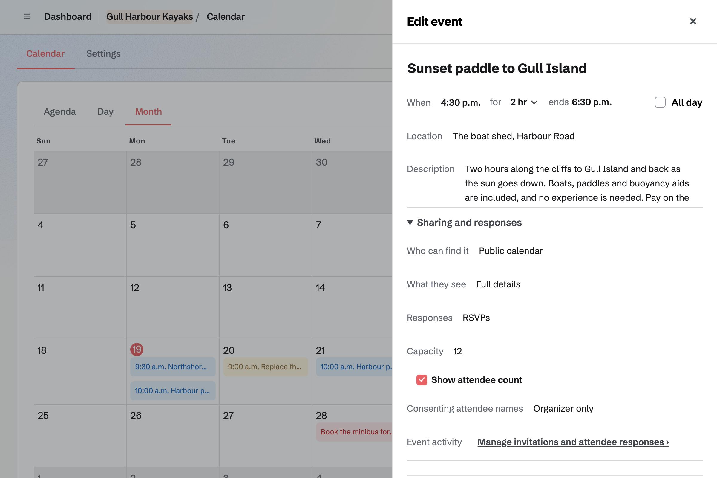Gull Harbour Kayaks’ Calendar with a sunset paddle’s details open: anyone can find it on the public calendar, it takes RSVPs up to 12 places, and the page shows how many are going.