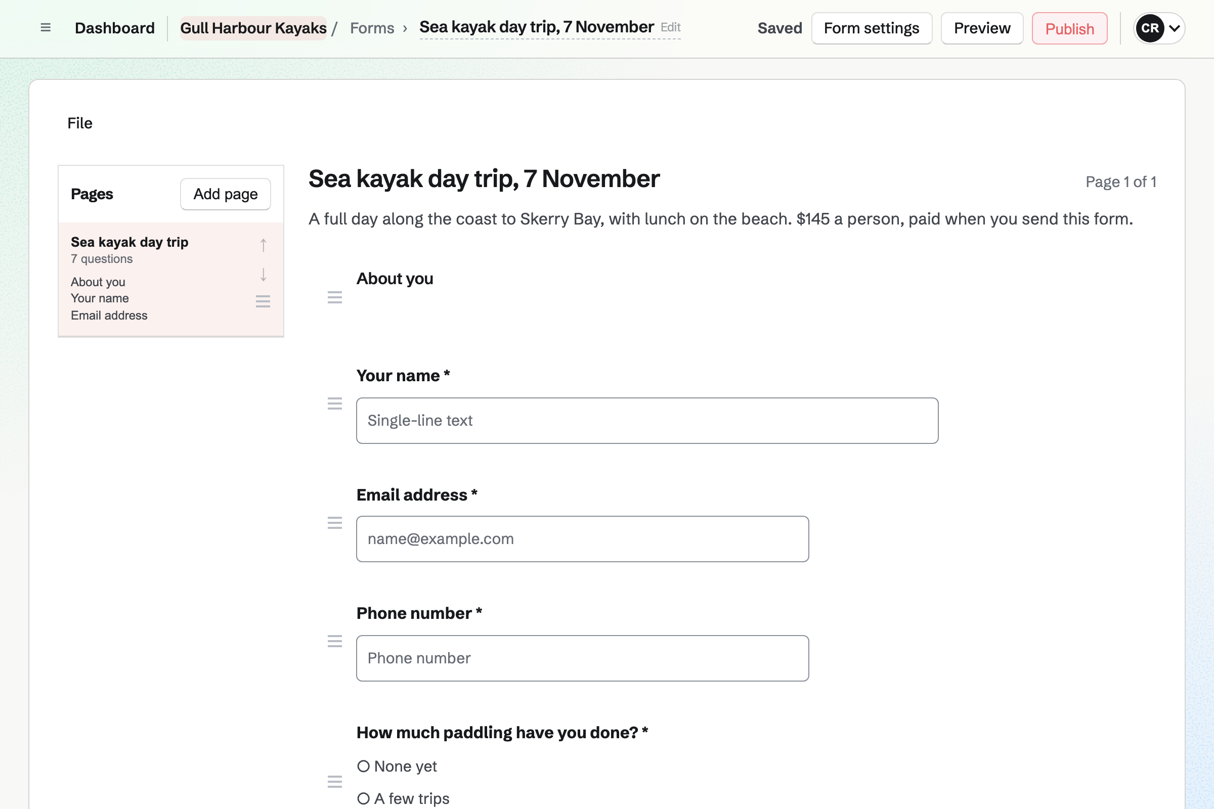 The Form builder with Gull Harbour Kayaks’ day trip booking form: the trip’s date and price, then questions for a name, an email, a phone number and how much paddling each guest has done.
