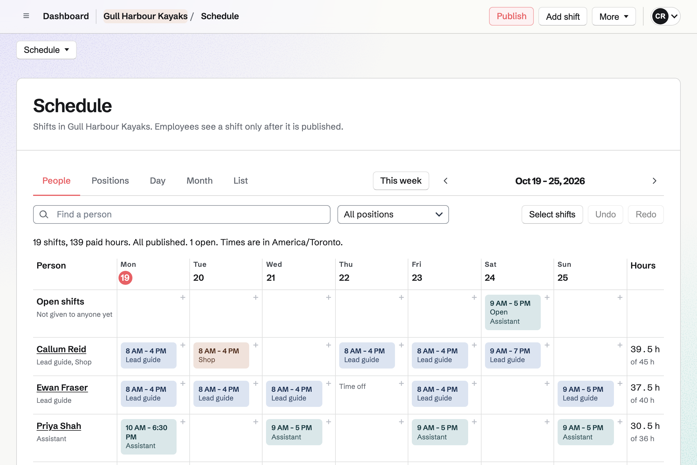 Gull Harbour Kayaks’ rota for the week in Staff Scheduling: each person’s lead guide, assistant and shop shifts with their hours, time off marked, and an open Saturday shift for an assistant.