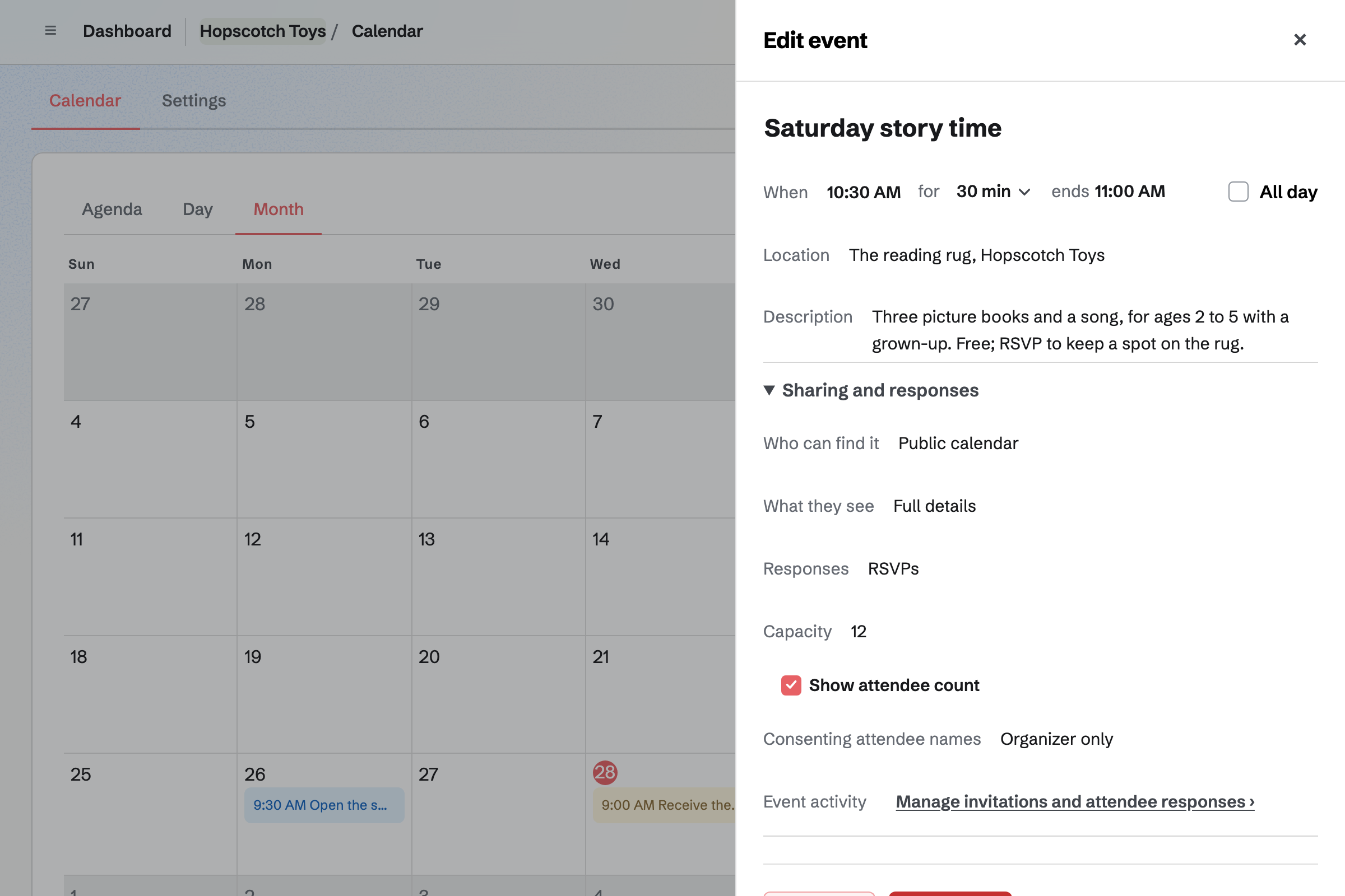 Hopscotch Toys’ Saturday story time in the new event drawer: on the shop’s public calendar with RSVPs up to 12 and the attendee count shown, beside the month with the brick club, the distributor delivery and the Christmas list going out.