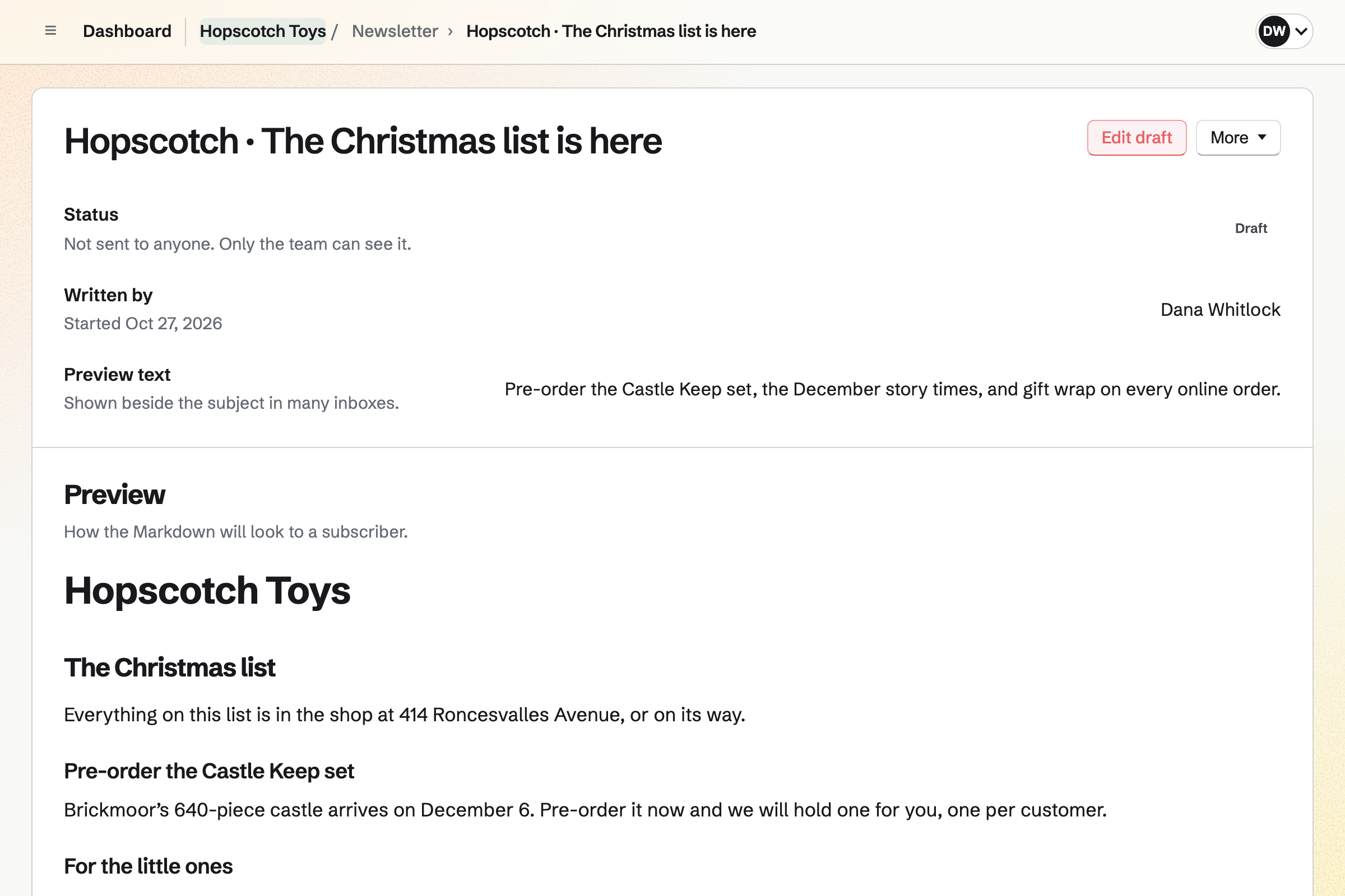 Hopscotch Toys’ Christmas list newsletter as subscribers will see it: the Castle Keep set to pre-order, toys for the little ones and for builders, the December story times, and gift wrap on every online order.