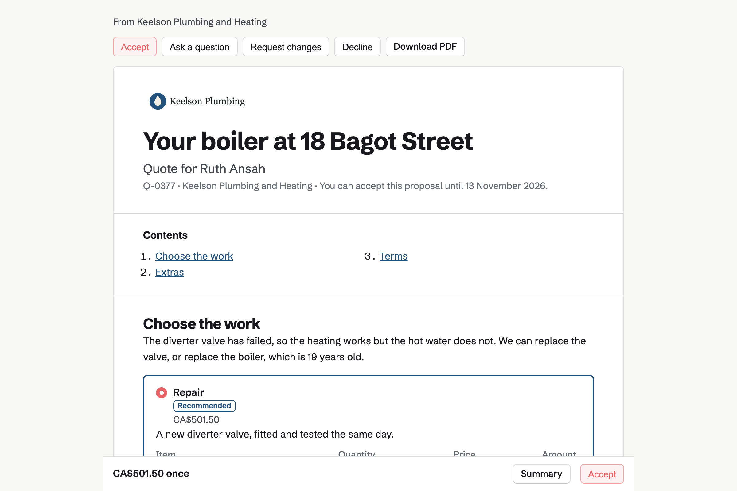 A quote from Keelson Plumbing and Heating for Ruth Ansah’s boiler, with the cover, the list of contents, the recommended repair chosen and the total in a bar at the foot of the screen.