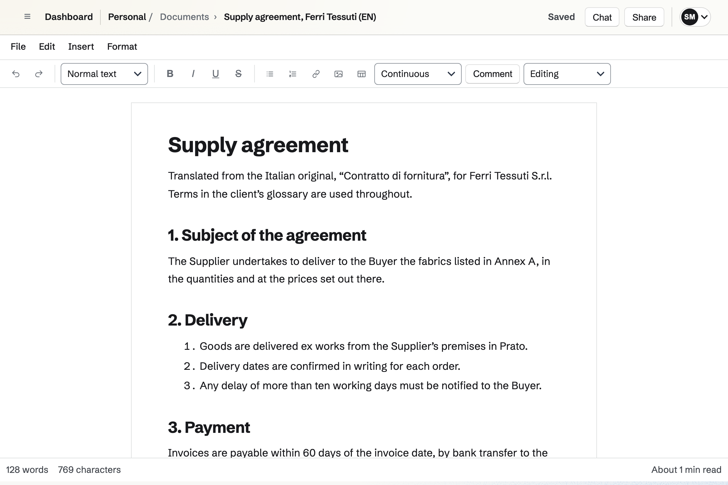 Sofia Marchetti’s English translation of a supply agreement in the document editor, with its numbered clauses.