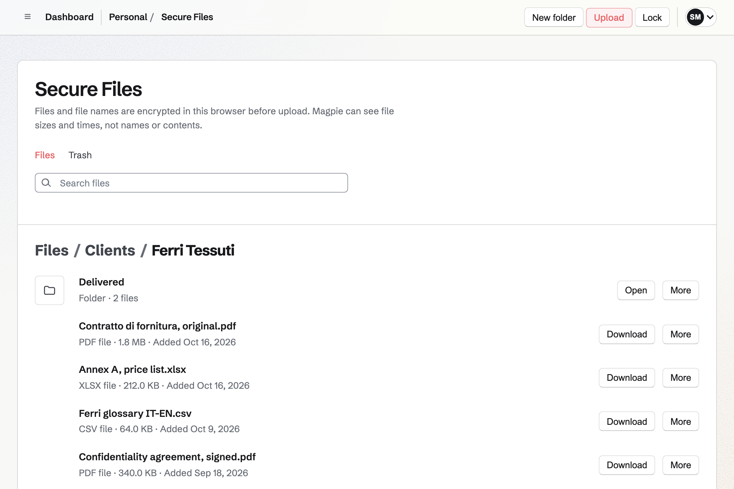 Lumen Translations’ Secure Files, open on Ferri Tessuti’s folder: the original contract, the price list, the glossary and the signed confidentiality agreement, with a Delivered folder.