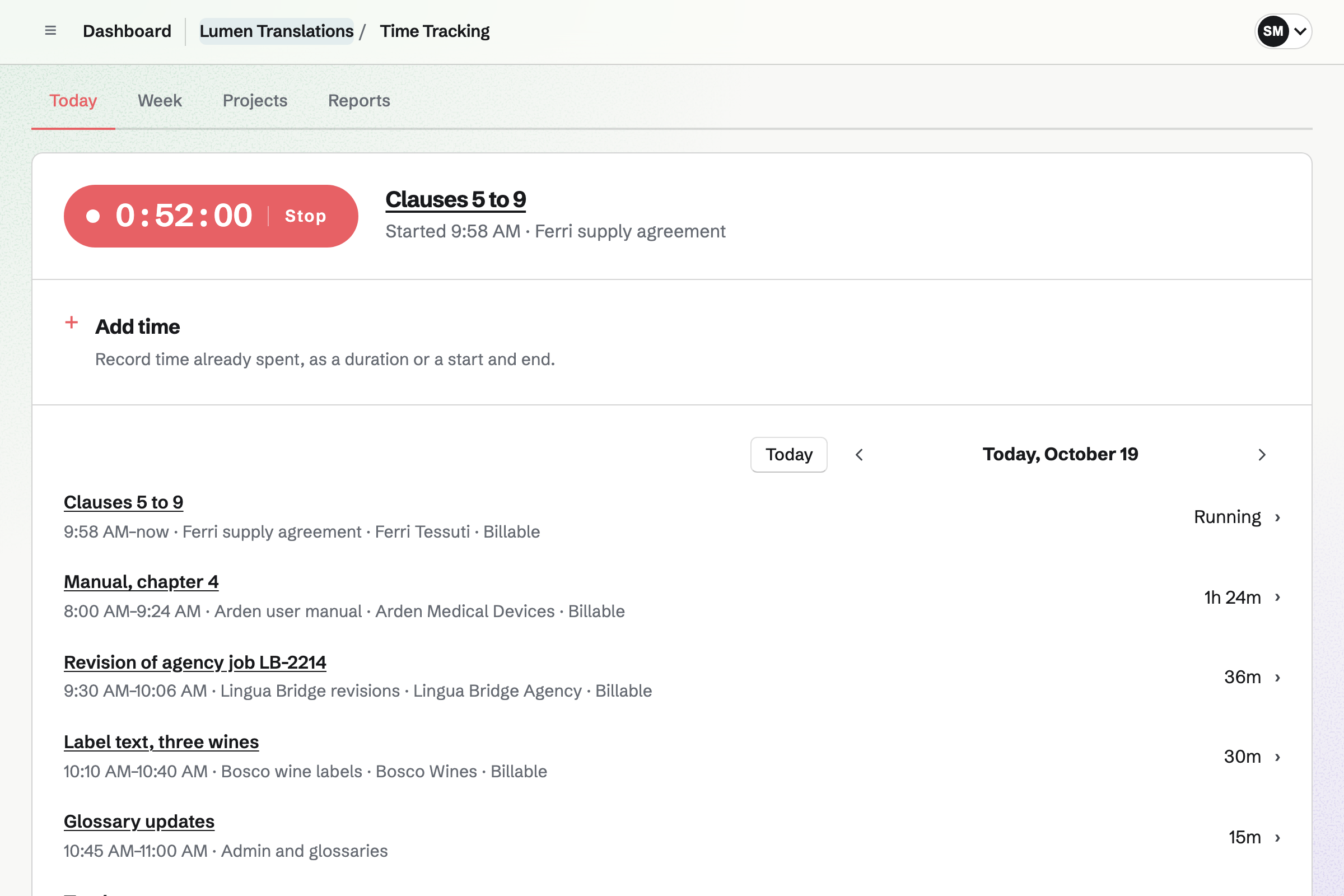 Lumen Translations’ Time Tracking: a timer running on the Ferri supply agreement, and the morning’s entries on other jobs.