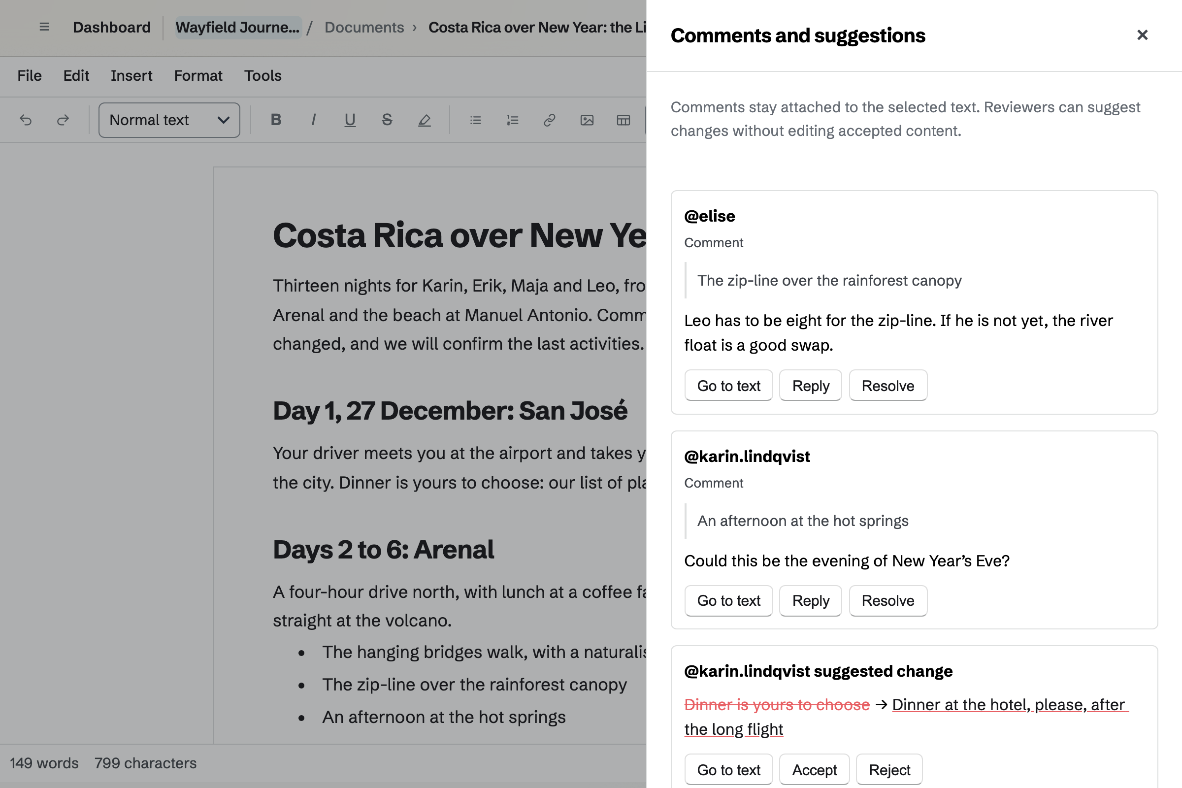 The Lindqvist family’s day-by-day Costa Rica itinerary in Documents, with Comments and suggestions open: Elise Marchand’s note about the zip-line, Karin Lindqvist’s question about the hot springs and her suggested change to the first night’s dinner, waiting to be accepted or rejected.