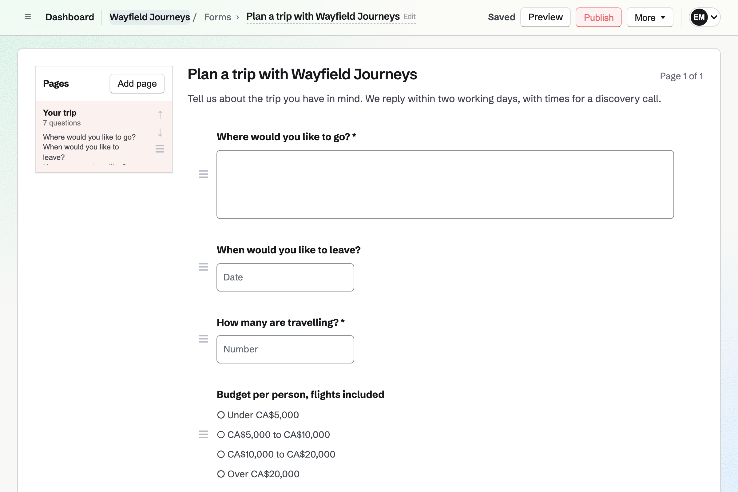 Wayfield Journeys’ trip enquiry Form in the builder: where the client would like to go, when they would like to leave, how many are travelling and the budget per person, then what the trip is for, their name and their email address.